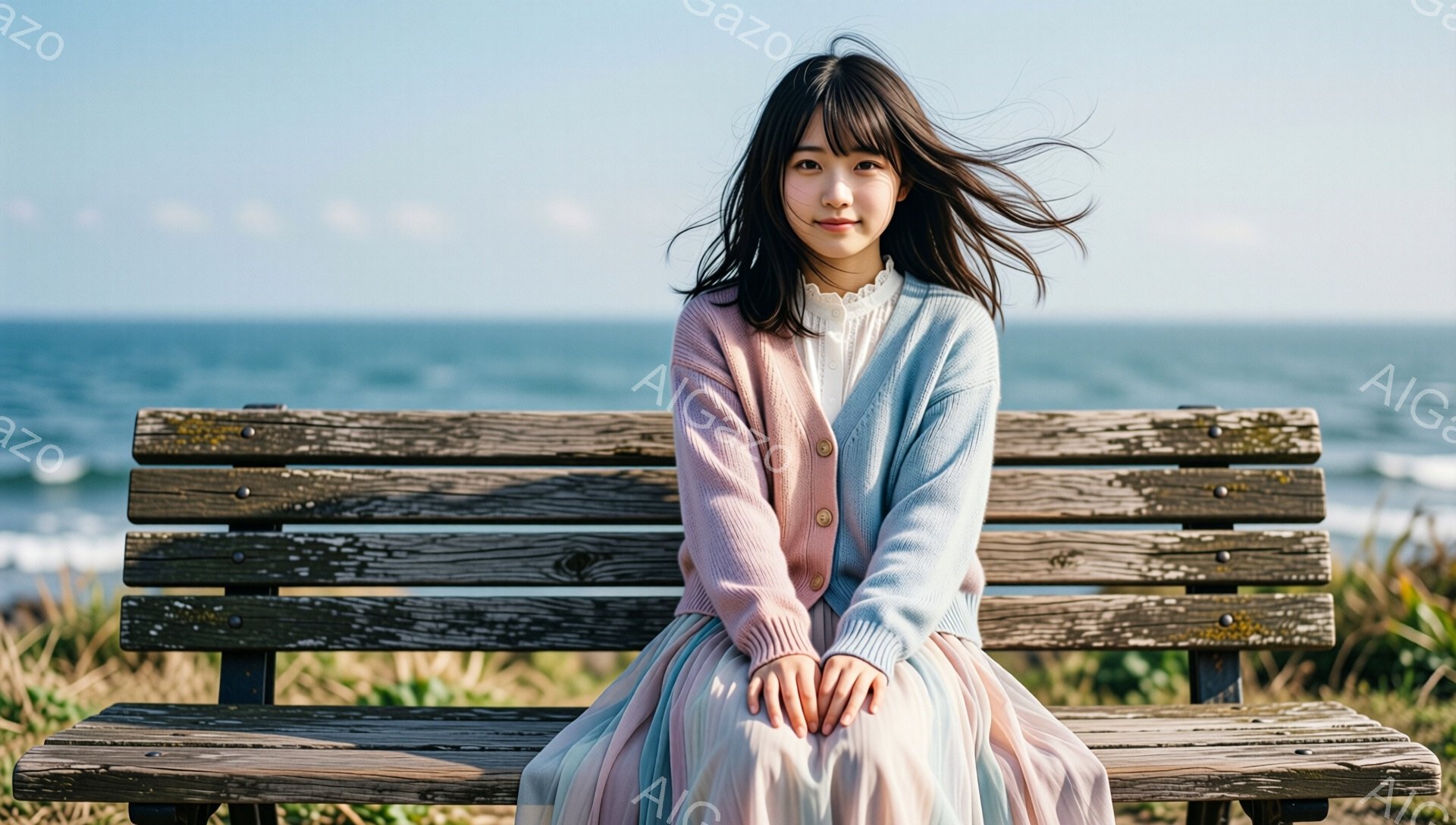 若い女性が、海を背景にした木製のベンチに座っています。彼女はパステルカラーのカーディガンと、ふんわりとしたロングスカートを身に着け、黒髪を肩まで伸ばし、少し微笑んでいます。穏やかな日差しが差し込み、背景の海は穏やかで、全体的に優しい雰囲気です。