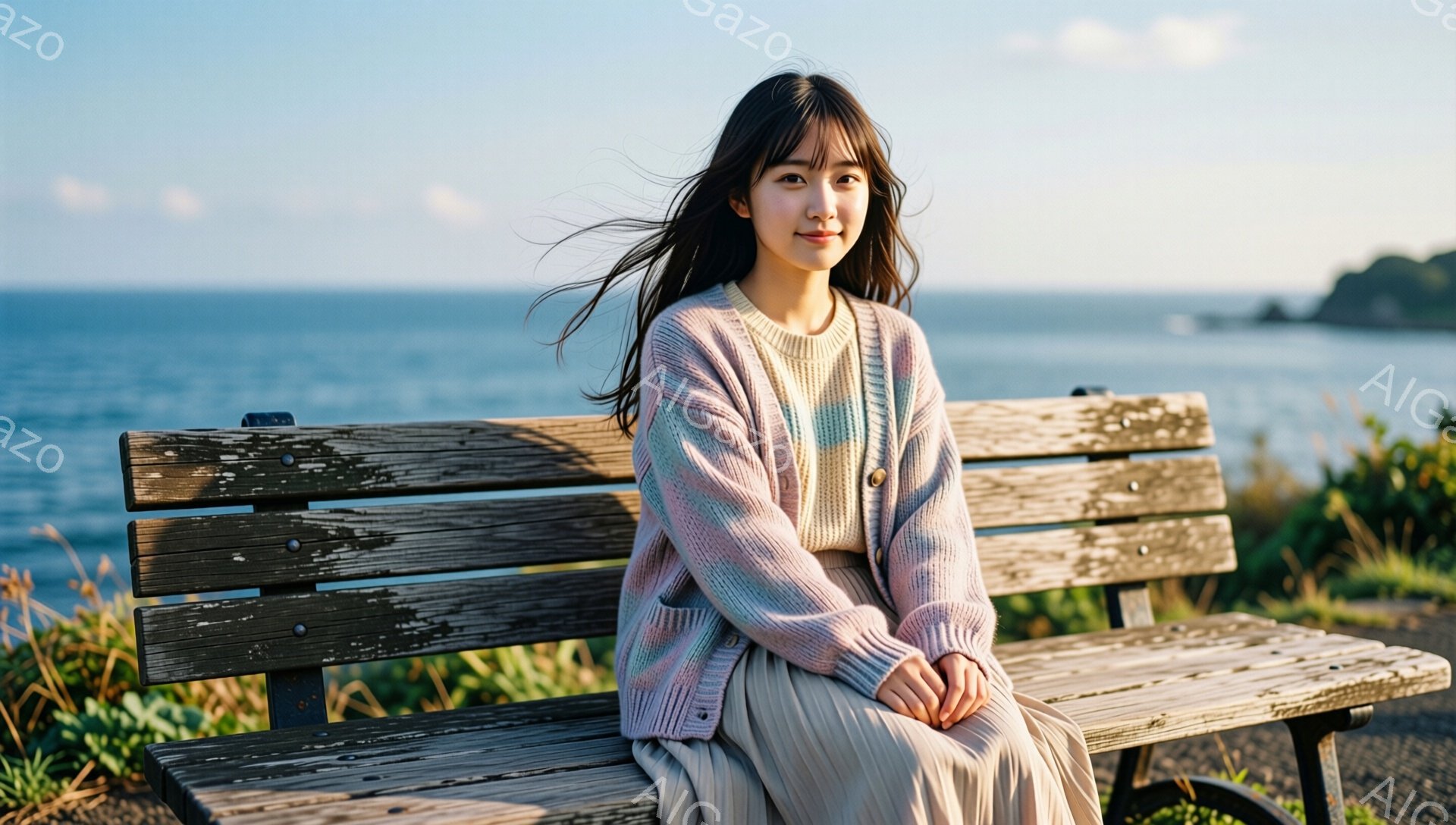 長い黒髪の女性が、海を背景にした木製のベンチに座っています。薄いピンクと紫のボーダーカーディガンに、ベージュのスカートを合わせ、穏やかな笑顔を浮かべています。背景には青い海と緑豊かな草地が広がり、晴れ - AI生成フリー素材