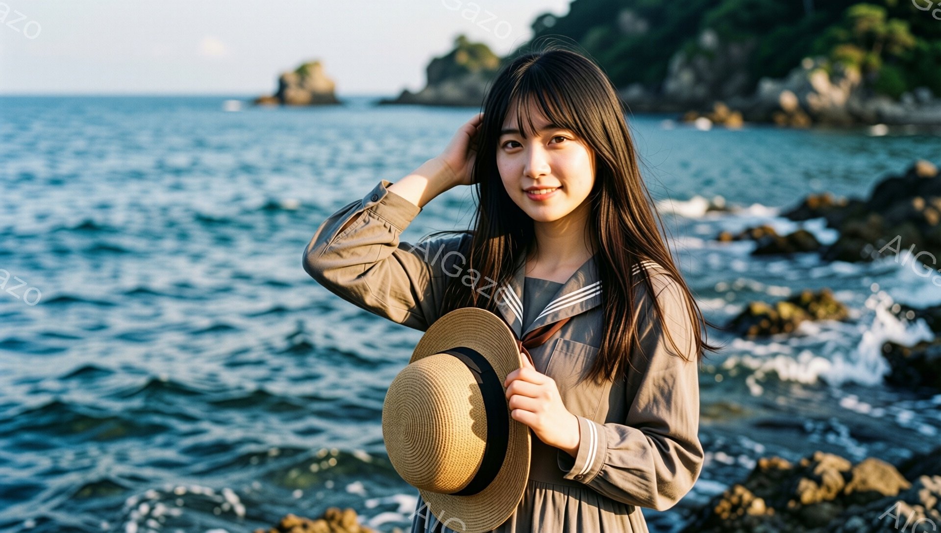 長い髪の女性が、麦わら帽子を手に、海辺で微笑んでいます。彼女は茶色のストライプの入った長袖のワンピースを着ており、少し風が吹いて髪が頬に触れています。背景には青い海と岩場、遠くには島が見え、穏やかで美しい雰囲気です。