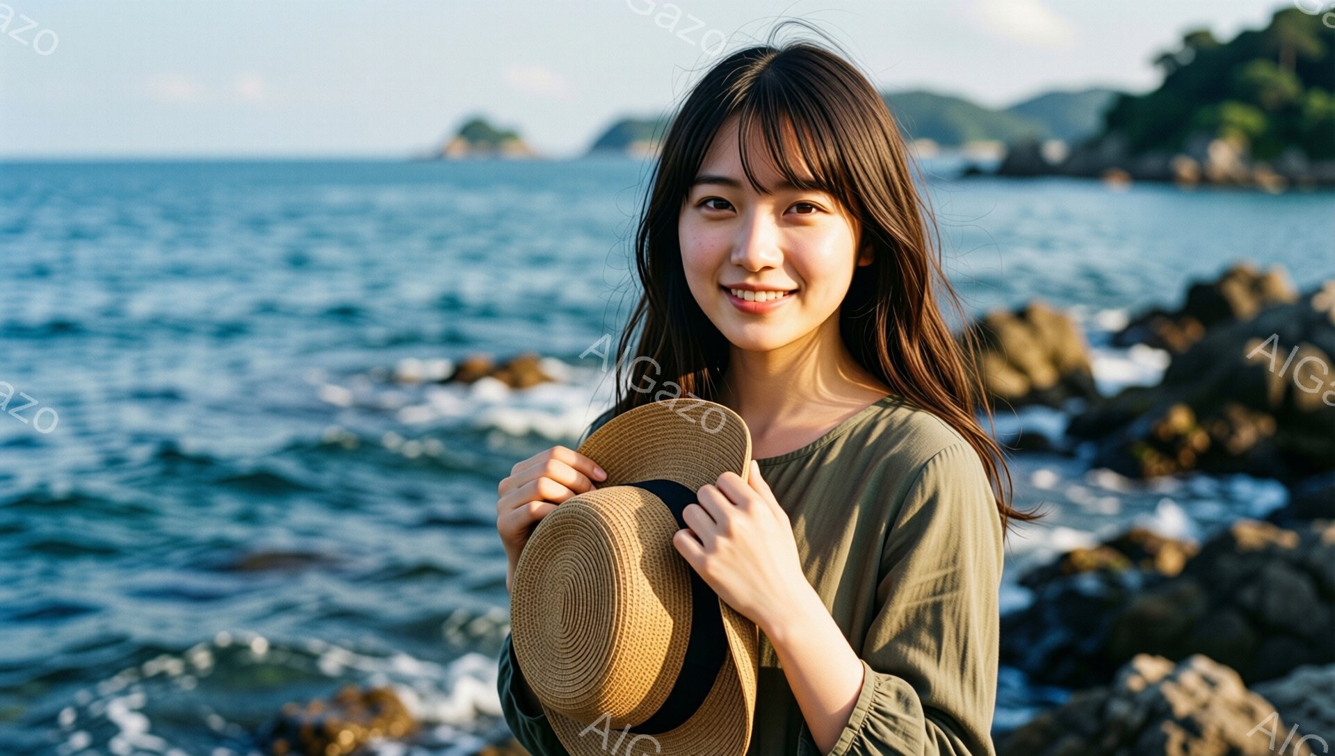 長い髪の女性が、ベージュ色の麦わら帽子を胸に抱えています。彼女はオリーブグリーンのゆったりとしたブラウスを着ており、穏やかな笑顔を浮かべています。背景には、青い海と岩場、遠くに見える島々が広がり、晴れ - AI生成フリー素材