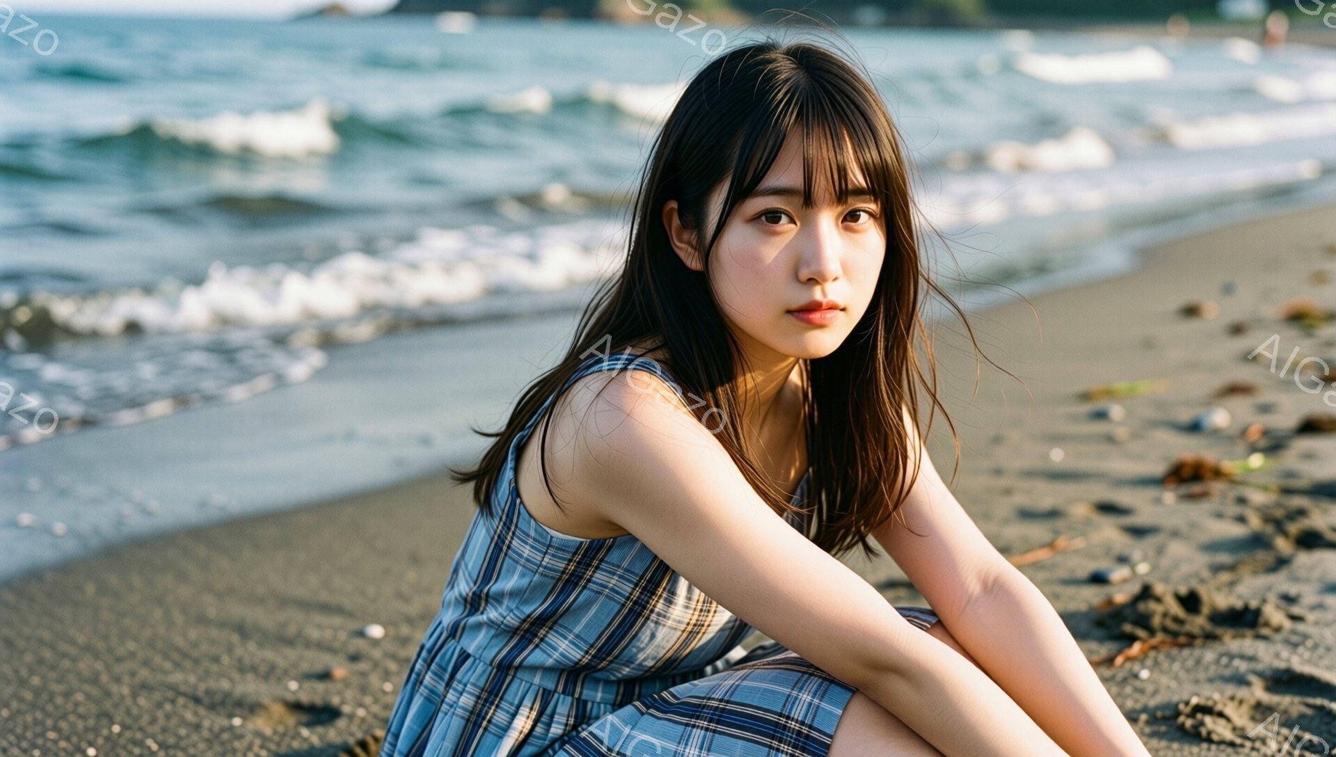 黒髪の女性が、チェック柄のワンピースを着て、黒い砂浜に膝を抱えて座っている。彼女は少し憂いを帯びた表情で、カメラを見つめている。背景には穏やかな海が広がり、波が静かに打ち寄せている。