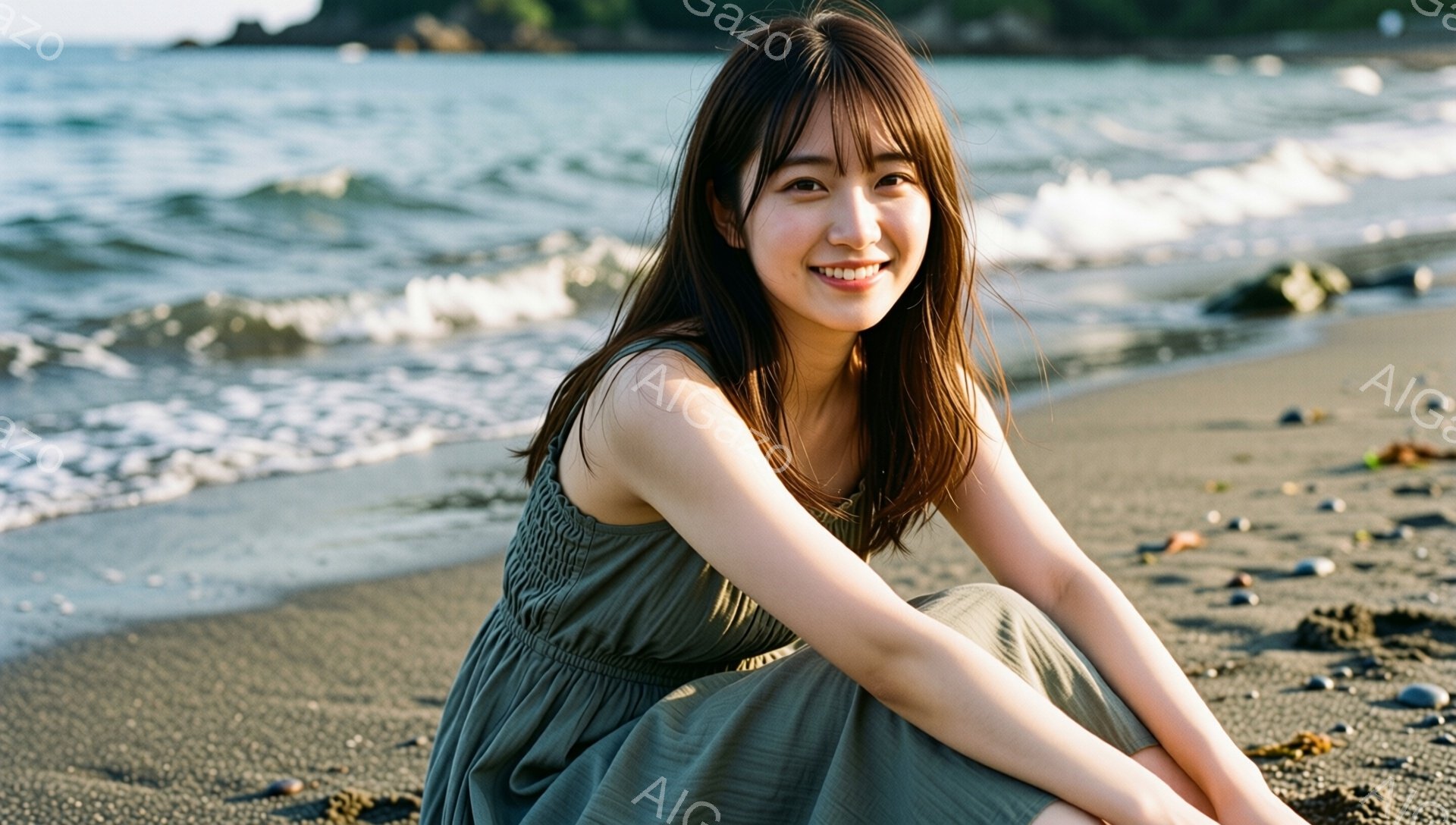 長い茶色の髪を持つ若い女性が、砂浜に座って笑顔を浮かべています。彼女はオリーブグリーンのゆったりとしたワンピースを着ており、リラックスした雰囲気です。背景には、穏やかな波が打ち寄せる海と、わずかに見える海岸線が広がっています。