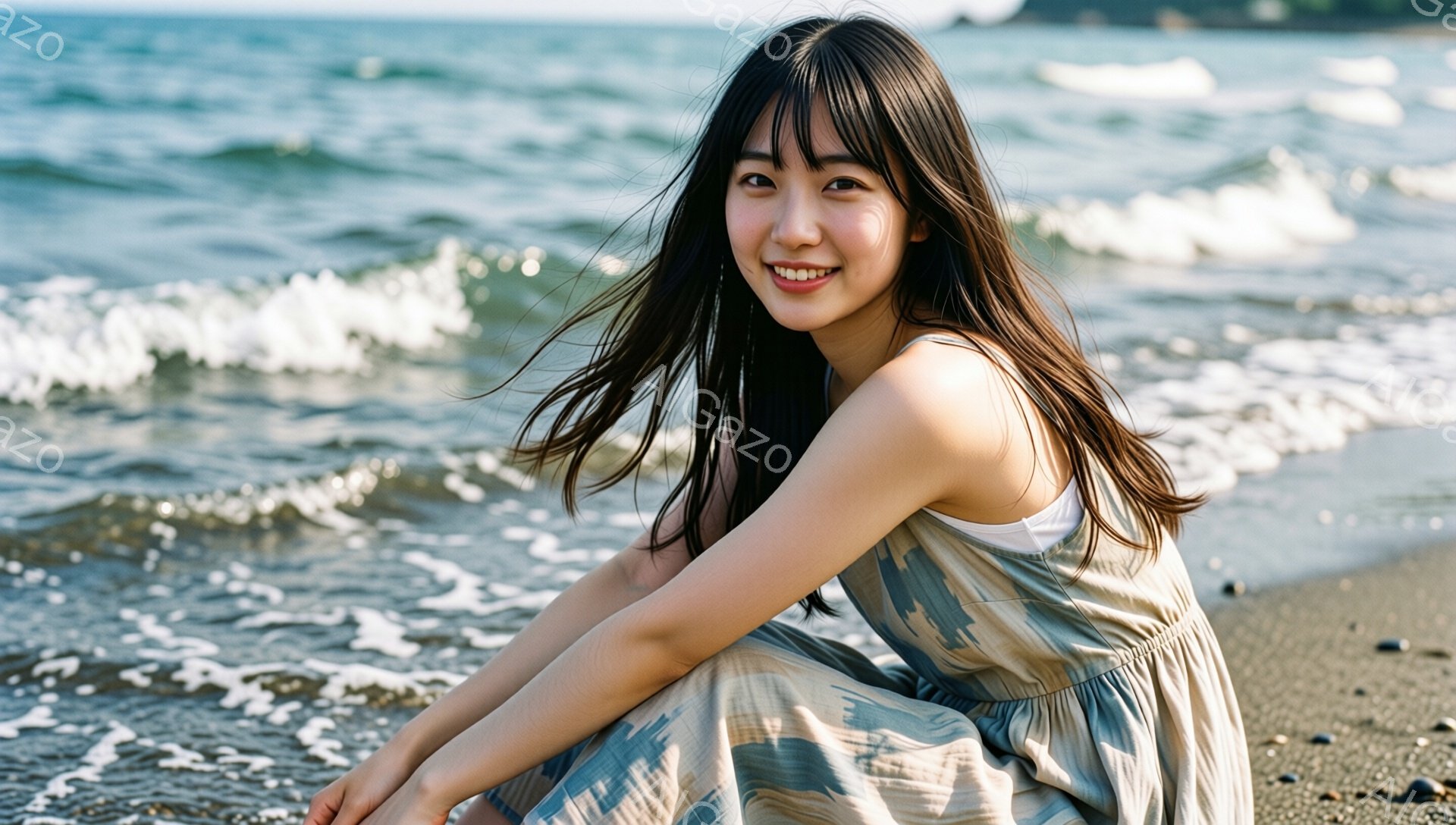 長い黒髪をなびかせ、笑顔を見せる若い女性が描かれています。彼女はベージュと緑のストライプのワンピースを着て、砂浜に膝を抱えて座っています。背景には青い海と穏やかな波が広がり、晴れた日のリラックスした雰囲気を醸し出しています。