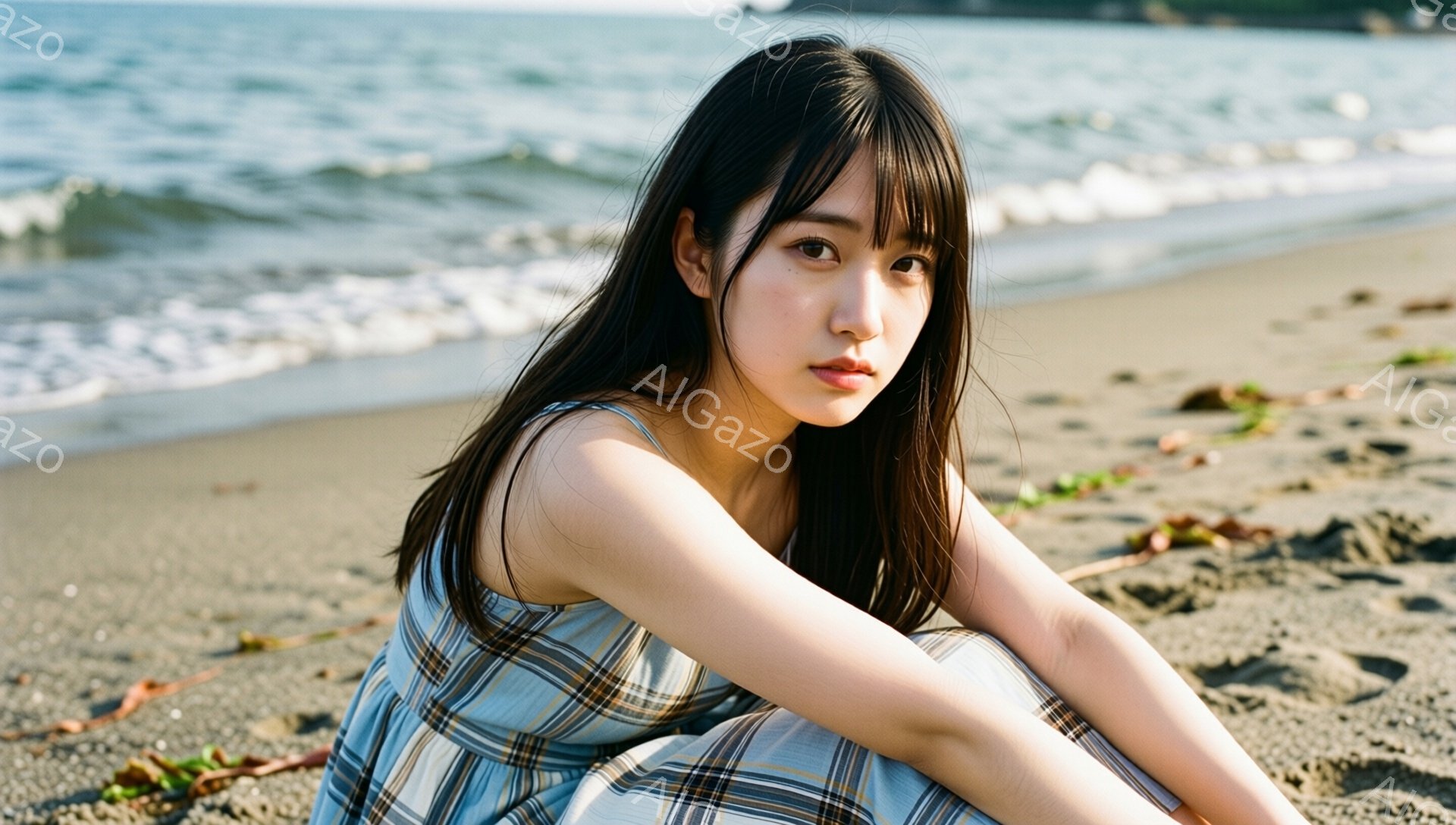 長い黒髪の女性が、チェック柄のワンピースを着て砂浜に座っている。彼女は膝を抱え、少し物憂げな表情でカメラを見つめている。背景には青い海と穏やかな波が広がり、日差しが柔らかく差し込んでいる。