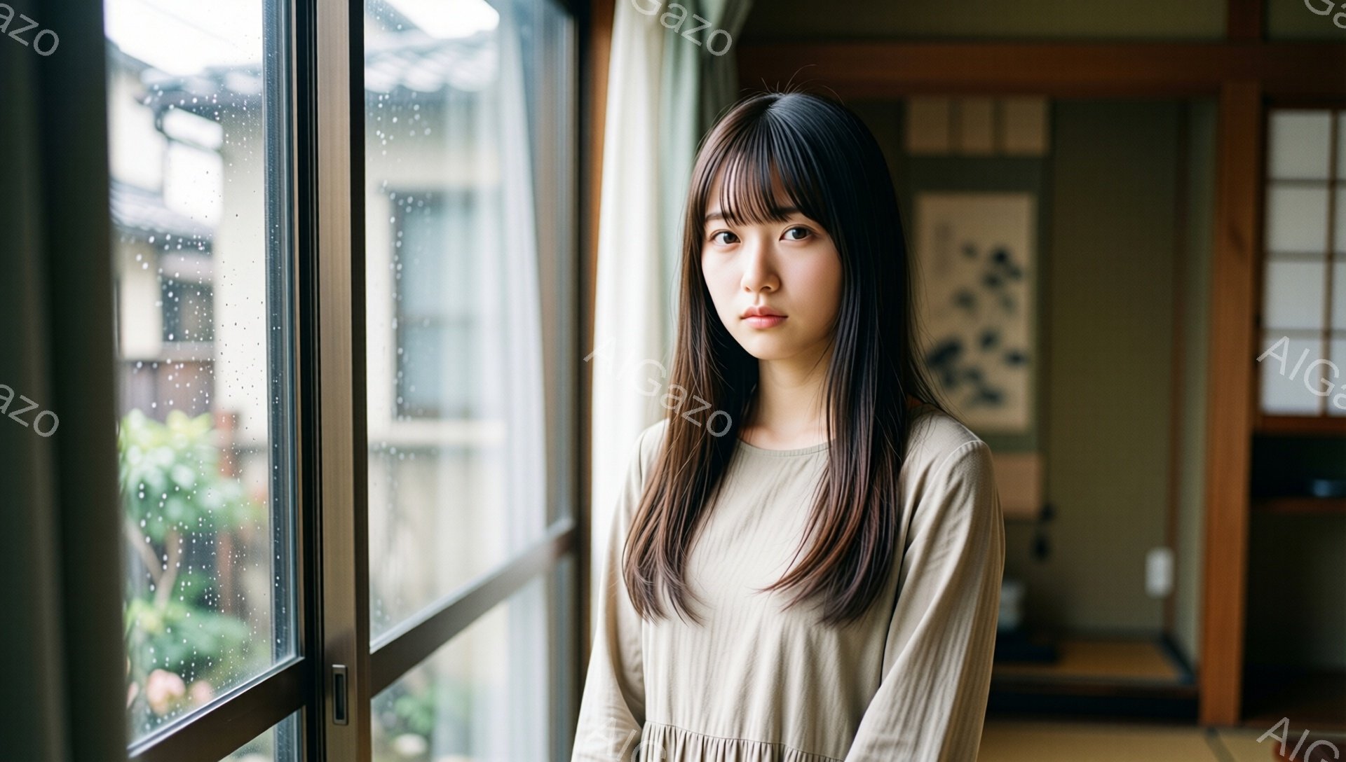 長い黒髪で前髪がぱっつんの女性が、薄いベージュ色のワンピースを着ています。彼女は窓辺に立ち、少し憂いを帯びた表情で正面を見つめています。背景には畳の部屋と、雨に濡れた庭が見え、全体的にしっとりとした落 - AI生成フリー素材