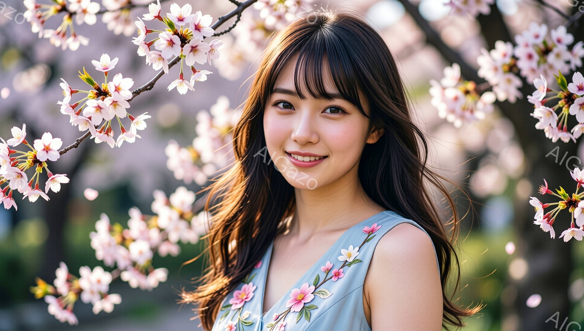 若い女性が桜の花を背景に微笑んでいます。彼女は肩出しの淡いブルーの刺繍入りドレスを着ており、長い黒髪は肩にかかるように自然に流れています。背景にはぼやけた桜並木が広がり、春の暖かく穏やかな雰囲気を醸し出しています。