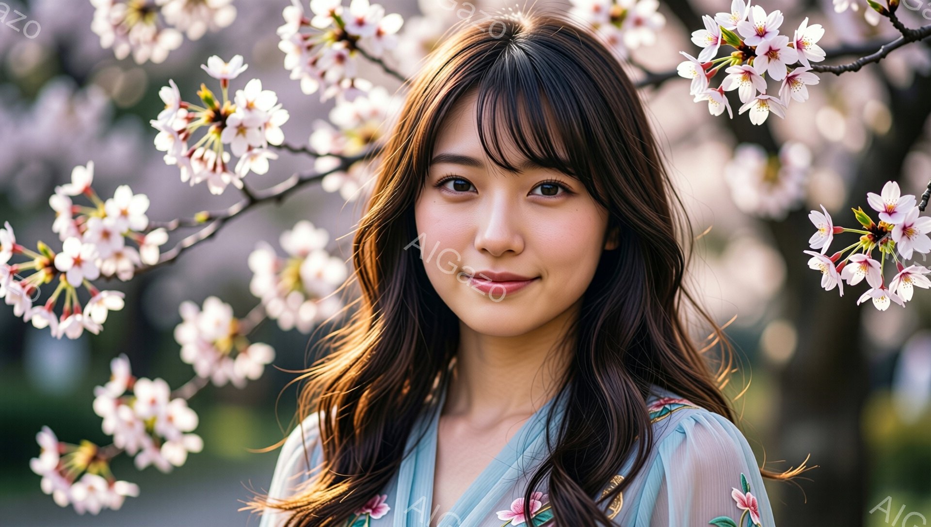 桜の花びらが舞う中で、若い女性が微笑んでいます。彼女は肩を少し出した淡い水色のブラウスを着ており、長い茶色の髪はゆるやかにウェーブがかかっています。背景にはぼやけた桜の木々と春らしい光が広がっており、全体的に穏やかで優しい雰囲気を醸し出しています。