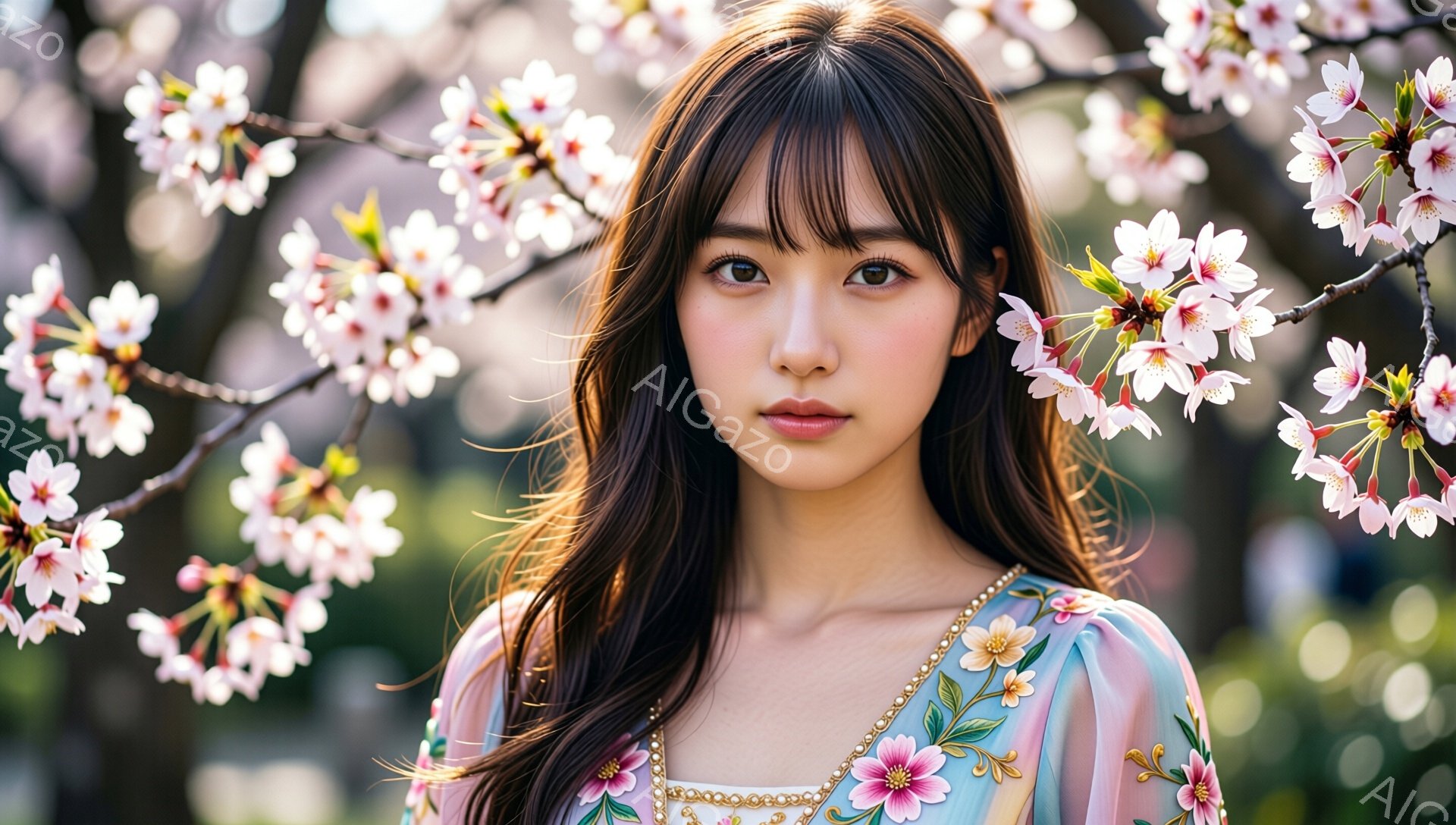 長い黒髪の女性が、桜の花に囲まれて正面を見つめています。淡いピンクと水色の刺繍が施されたパフスリーブのワンピースを着ており、控えめな微笑みを浮かべています。背景は桜で満開で、柔らかい光が降り注ぎ、春の穏やかな雰囲気を醸し出しています。