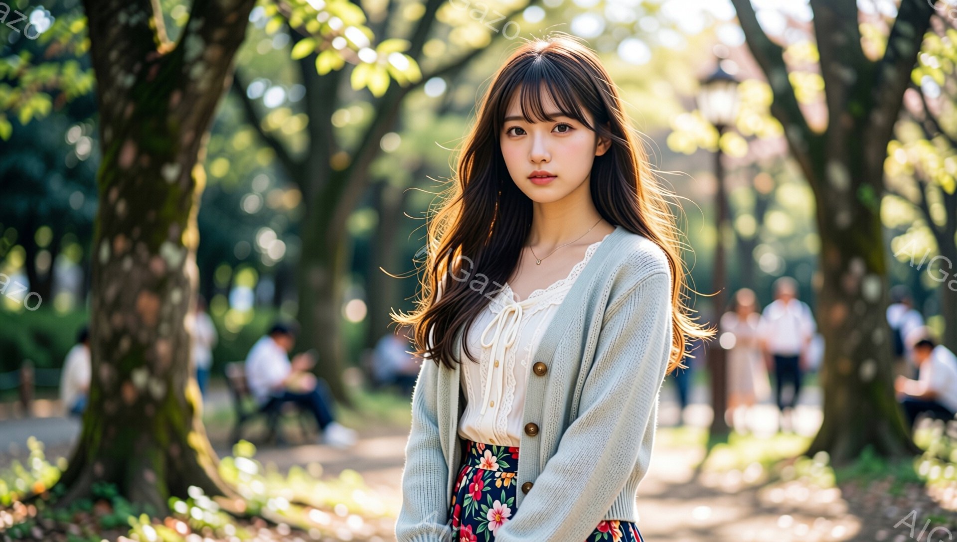 長い茶髪をふんわりとカールさせた女性が、オフホワイトのニットカーディガンと花柄のスカートを着ています。彼女は少し微笑んでおり、視線はカメラの方を向いています。背景は緑豊かな公園で、木漏れ日が差し込み、 - AI生成フリー素材