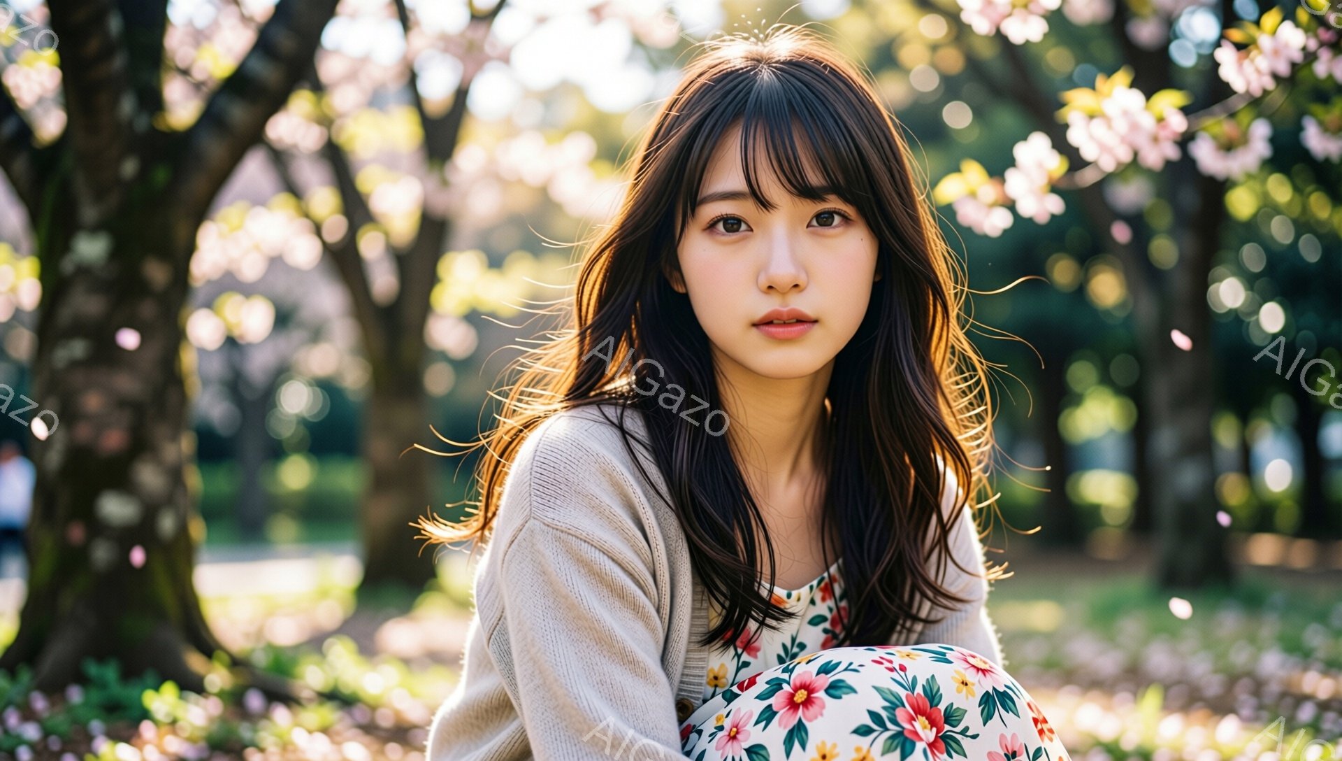 長い黒髪で、前髪は眉毛にかかるように流されています。ベージュ色のカーディガンと花柄のワンピースを着ており、少し微笑んだ表情でカメラを見ています。背景には桜の木があり、ピンク色の花びらが舞い散っていて、春の穏やかな雰囲気が漂っています。