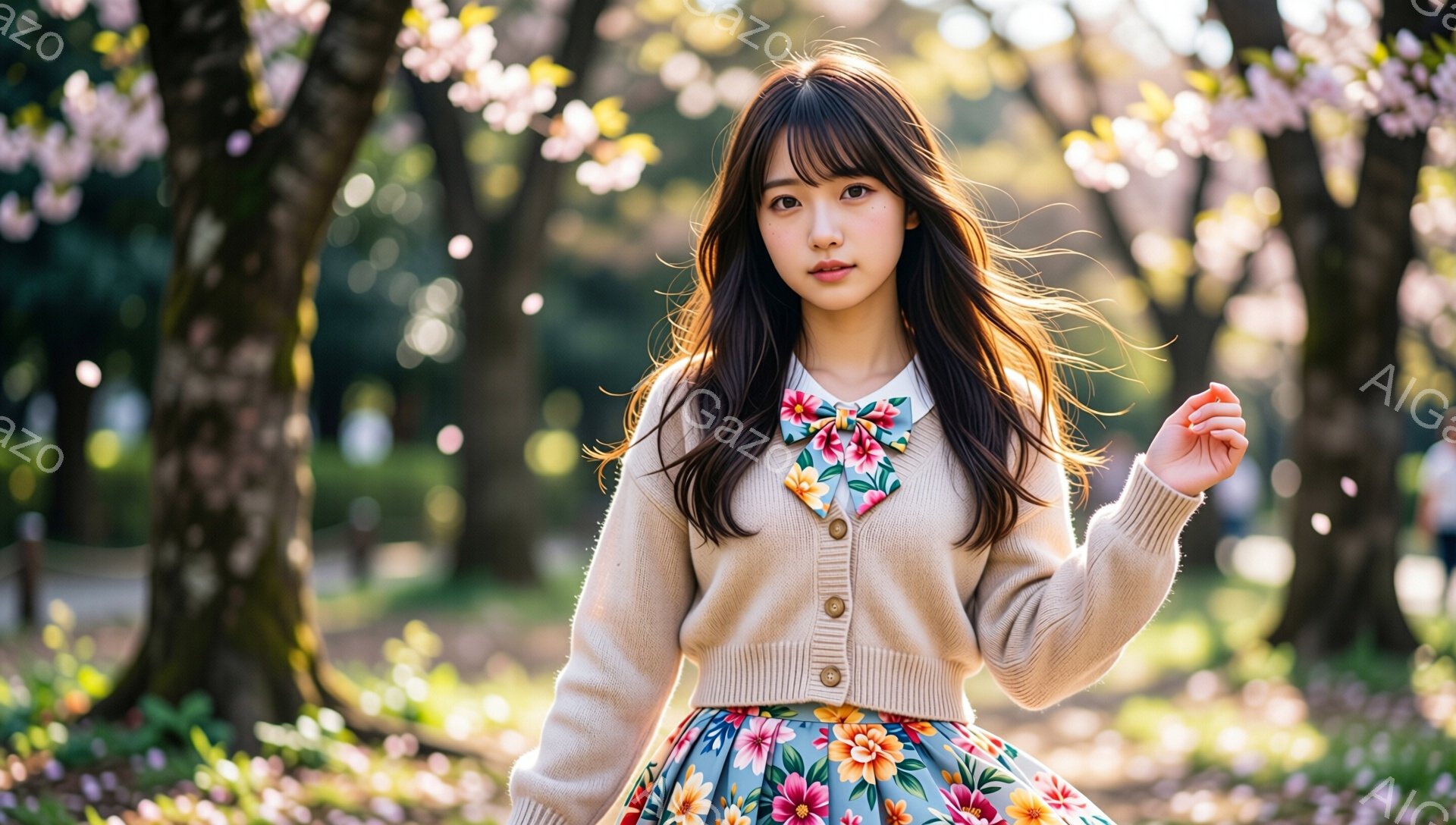 黒髪で前髪が目にかかる女性が、ベージュ色のカーディガンと花柄のスカートを着て、少し微笑んでいます。彼女は片手を上げて、春の桜並木の中を歩いているようなポーズをとっており、背景には桜の花びらが舞い散っています。全体的に柔らかく、明るい春の雰囲気が漂っています。