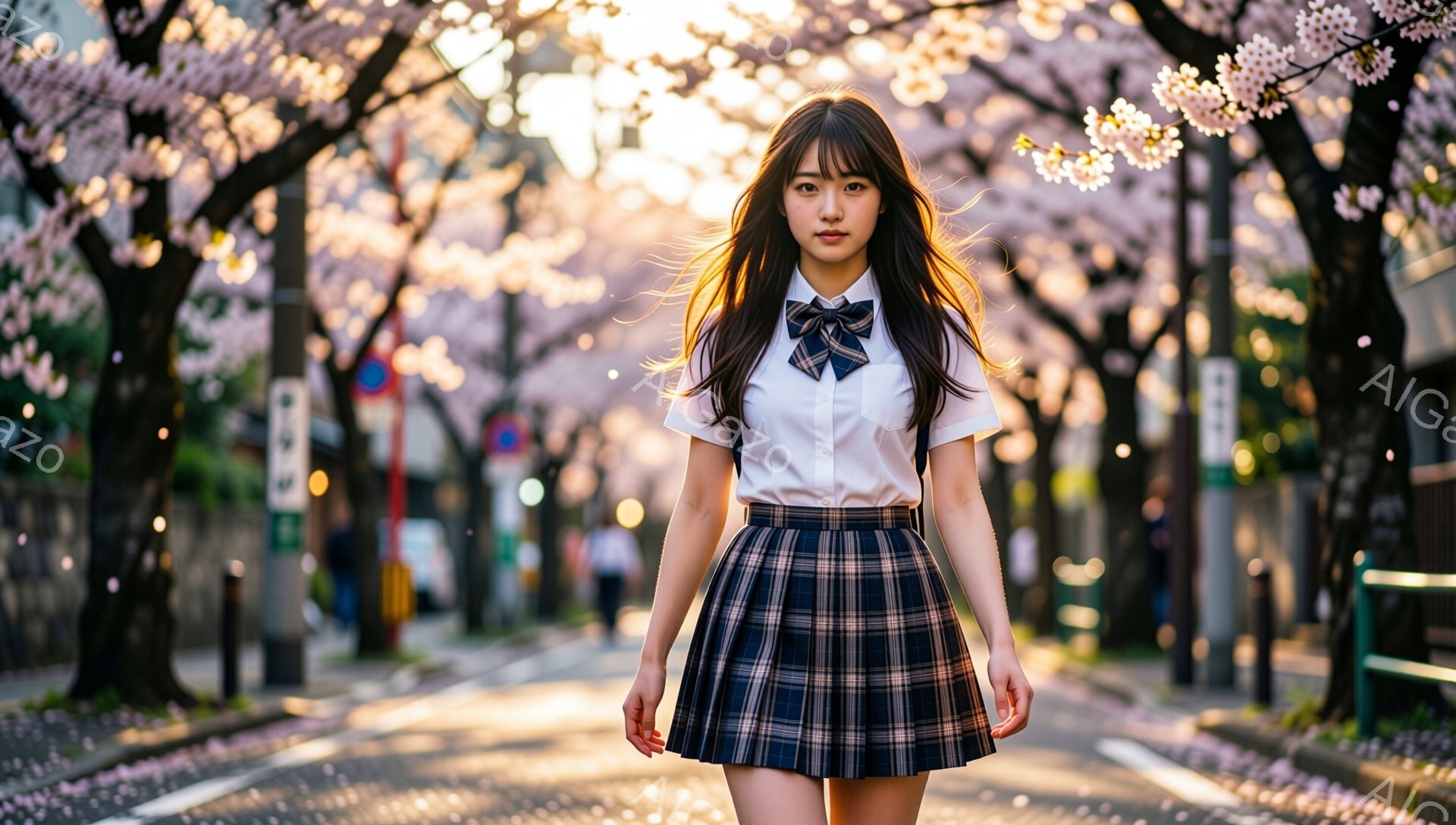 少女は制服姿で、チェック柄のスカートと白いシャツ、そしてネクタイを締めています。彼女はカメラに向かってまっすぐ見つめ、少し微笑んでいるようで、明るい茶色の長い髪は風になびいています。背景には桜並木が広がり、地面には花びらが散りばめられ、春の暖かく穏やかな雰囲気が漂っています。