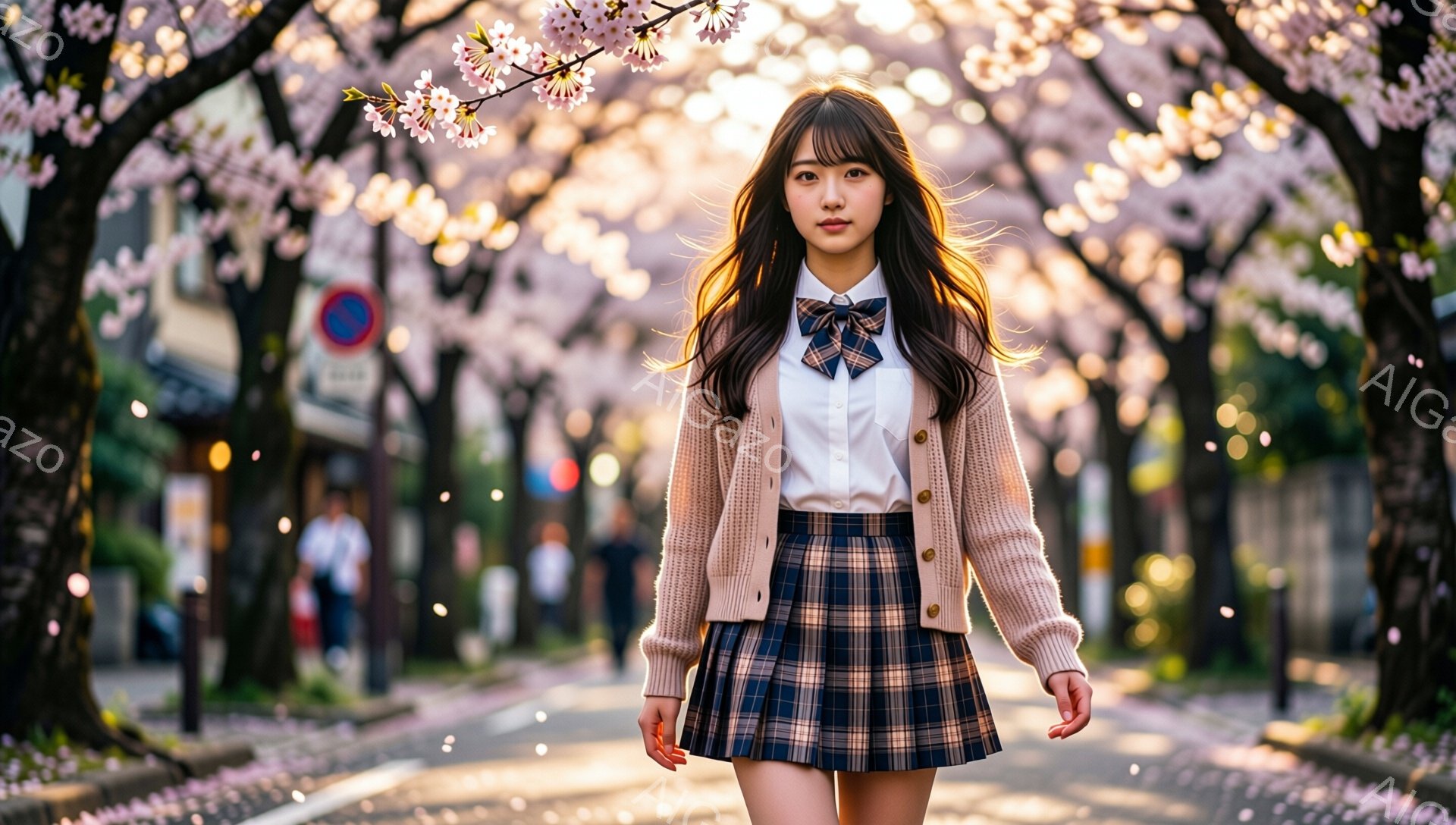 少女は、桜並木の道を歩いている。ベージュのカーディガンにチェック柄のスカート、白いシャツとネクタイという制服姿で、長い髪をなびかせている。背景には、満開の桜が咲き乱れ、春の暖かさと優しさを感じさせる。