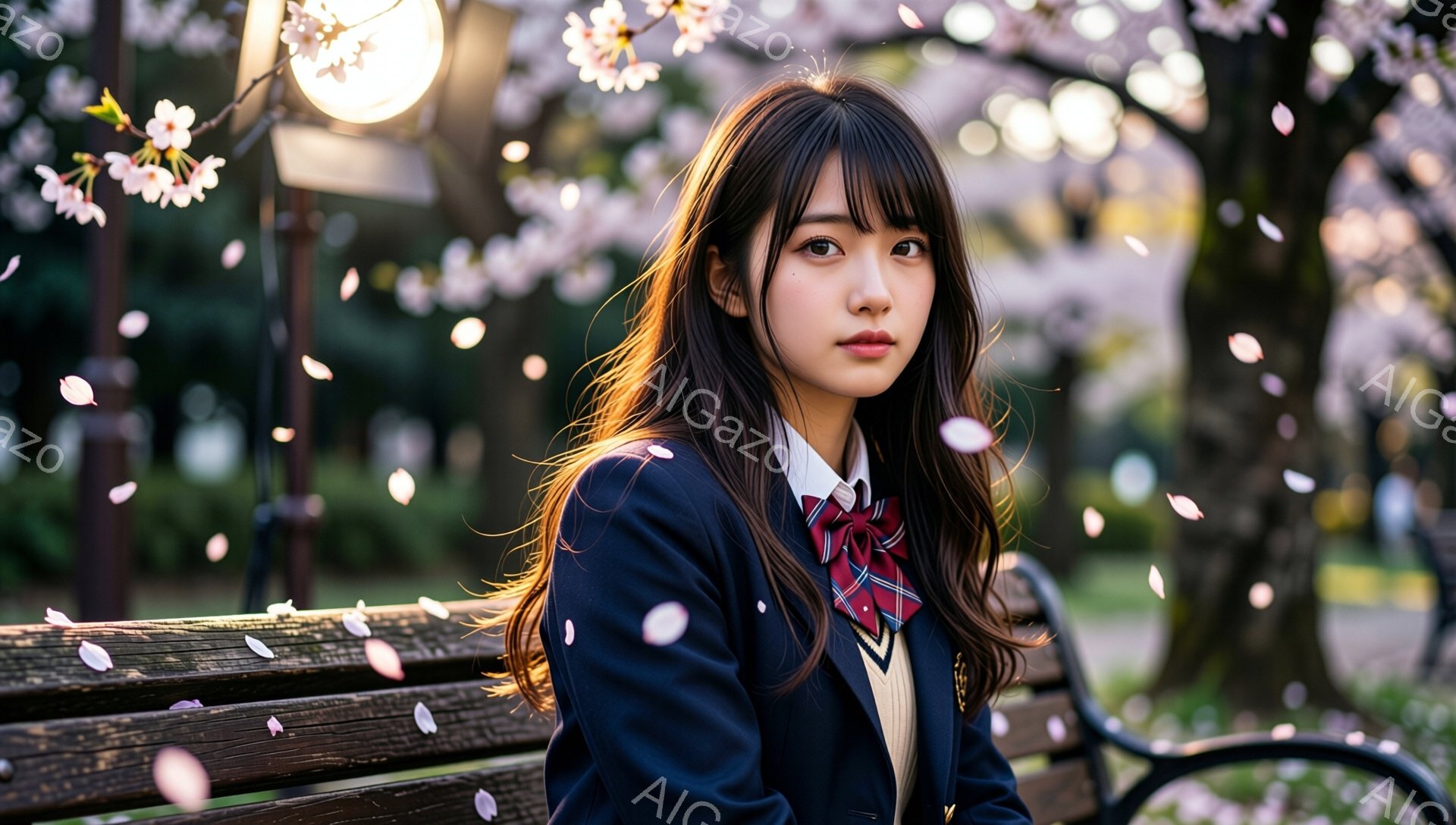 長い黒髪で、前髪は眉毛にかかる程度にカットされている若い女性が描かれています。紺色のブレザーにチェック柄のリボン、白いシャツを着ており、ベンチに座って少し憂いを帯びた表情をしています。背景には桜が舞い - AI生成フリー素材