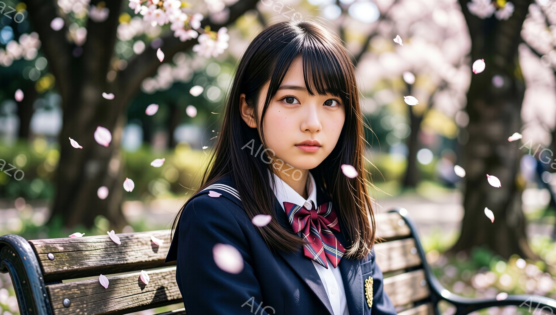 画像は、桜の花びらが舞う公園のベンチに座る女子高生を描いています。彼女は紺色のブレザーに赤いチェックのネクタイ、白いシャツを着ており、前髪を伸ばした黒髪が印象的です。少し憂いを帯びた表情で、カメラを見つめています。