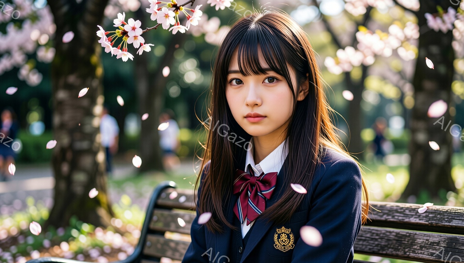 明るい日差しの下、桜の花びらが舞う公園のベンチに、制服を着た若い女性が座っています。彼女は長い茶色の髪を肩にかけ、少し憂いを帯びた表情で正面を見ています。背景にはぼやけた木々や人々が見え、春の穏やかな雰囲気が漂っています。