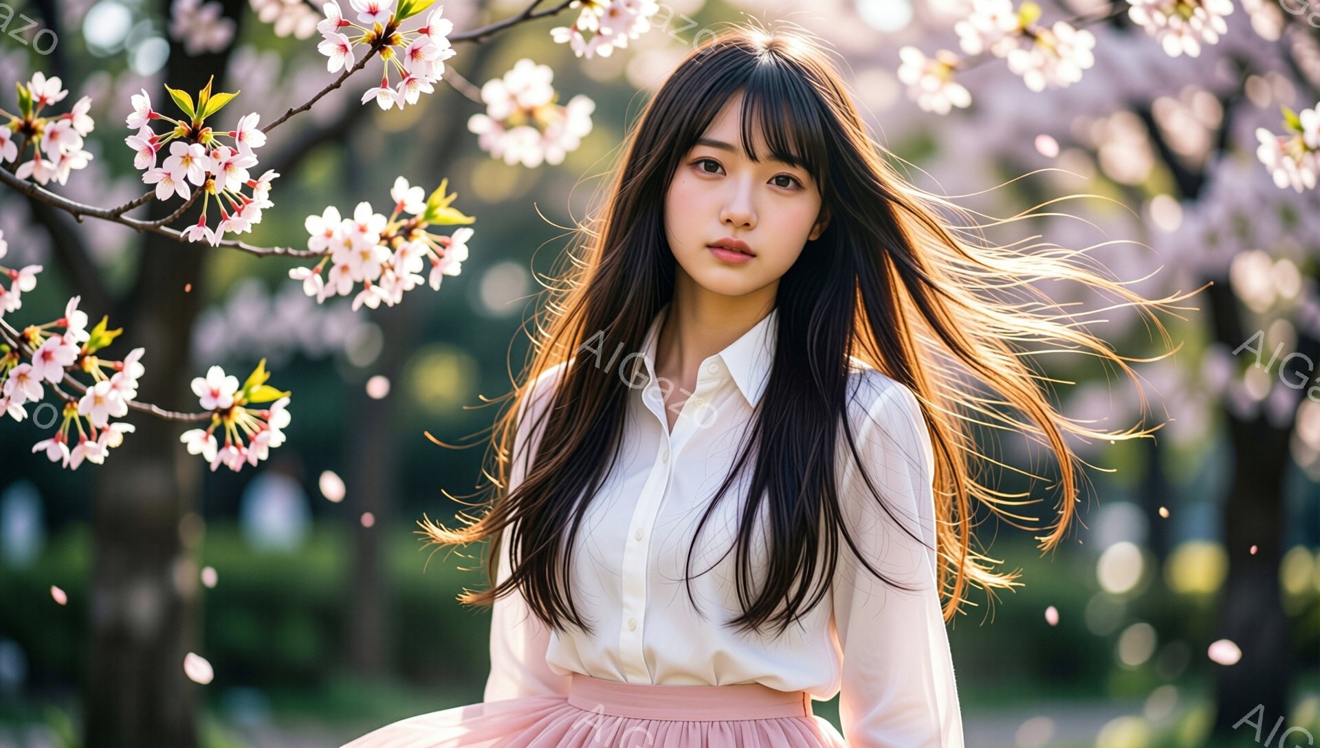 長い黒髪をなびかせ、白いブラウスと薄いピンク色のスカートを身につけた若い女性が写っている。彼女は少し微笑みを浮かべ、まるで春風に吹かれているかのように髪が舞っている。背景には桜の花びらが舞い、ぼやけた桜の木々が春の暖かくロマンチックな雰囲気を醸し出している。