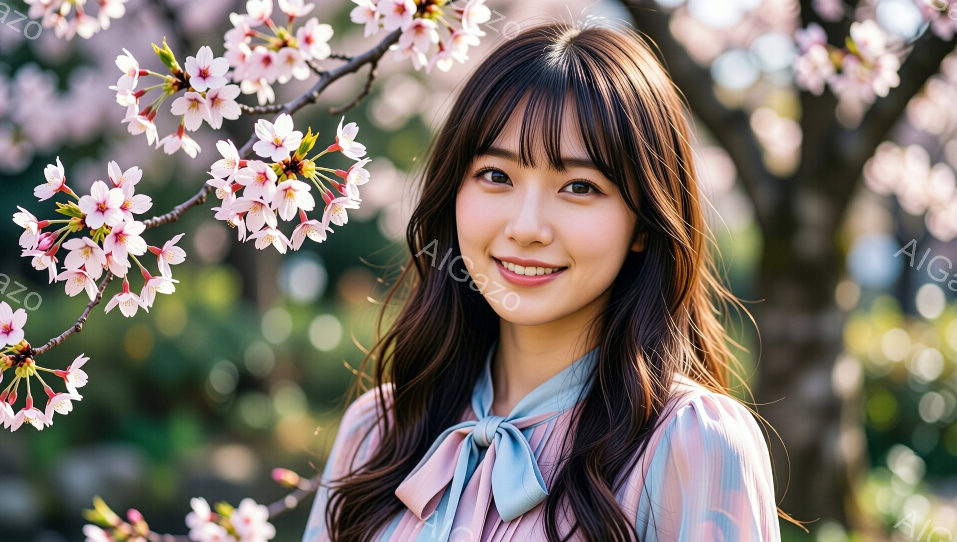 彼女は桜の花が咲き乱れる背景の前で微笑んでいます。淡いピンクと紫色のストライプのブラウスに水色のリボンをつけており、黒髪を肩まで長く垂らしたヘアスタイルです。春の暖かく穏やかな日差しの中で、彼女はリラックスした姿勢でカメラを見つめています。
