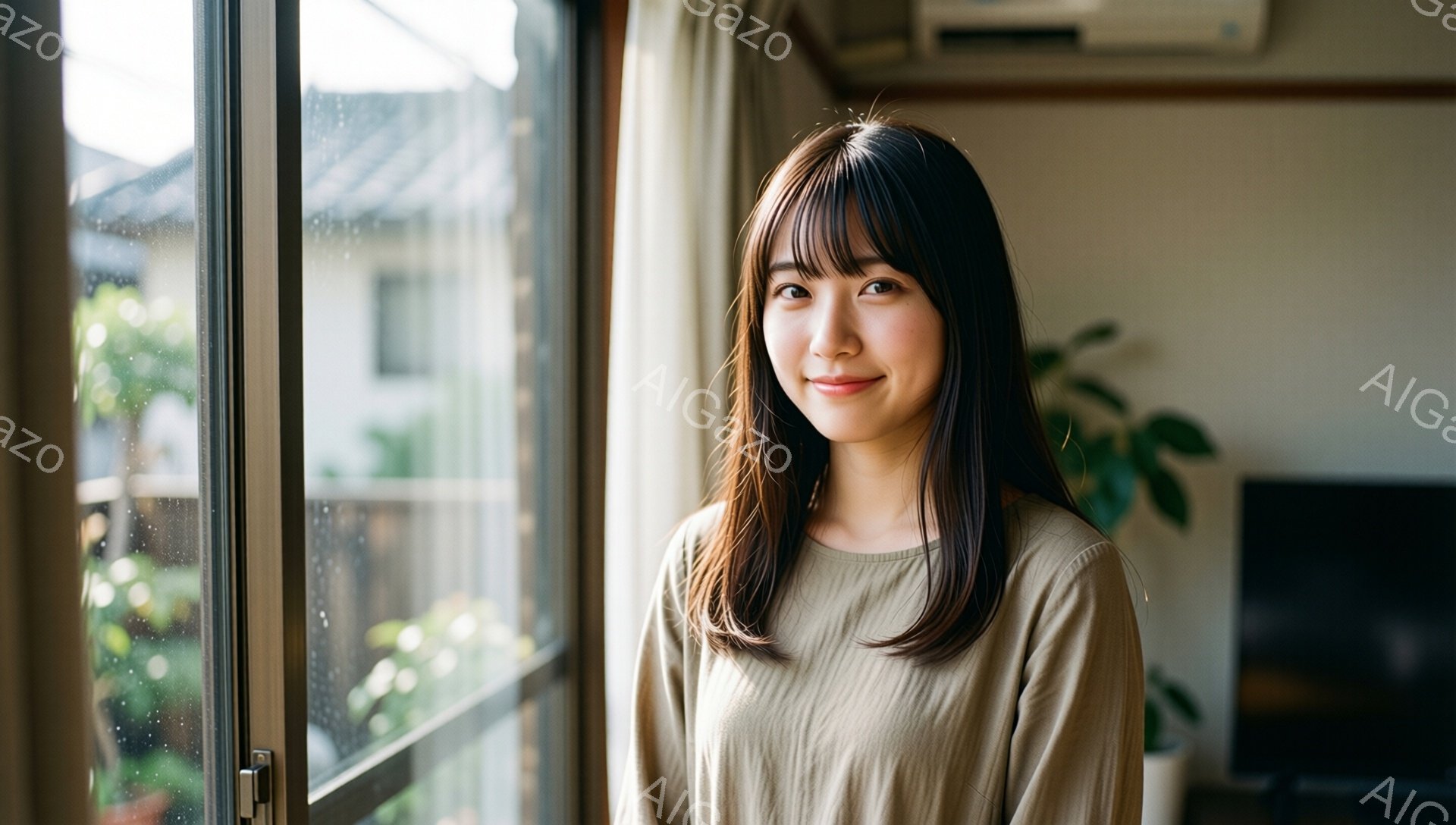 窓辺に立つ女性は、ベージュ色のシンプルなトップスを着ており、長い黒髪は肩にかかる程度に自然に流れている。彼女は穏やかな微笑みを浮かべ、リラックスした表情で正面を見つめている。背景には、植物が見える窓と - AI生成フリー素材