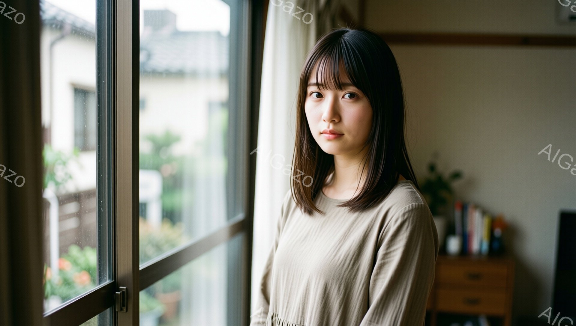 長い前髪と肩までの長さのストレートヘアの若い女性が、ベージュ色のゆったりとしたブラウスを着ています。彼女は窓辺に立ち、少し憂いを帯びた表情でカメラを見つめており、落ち着いた雰囲気です。背景には、緑豊かな木々が見える住宅地と、曇り空が広がっています。