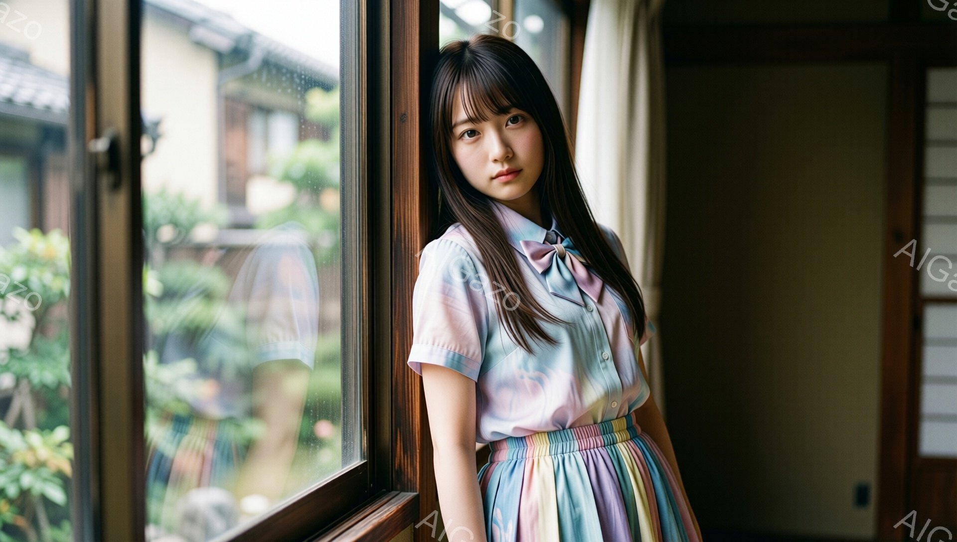 長い黒髪で、前髪は眉毛にかかるようにカットされた女性が、窓枠に寄りかかっています。彼女は、パステルカラーのストライプのブラウスと、虹色のプリーツスカートを着ており、表情は穏やかで少し物憂げです。背景には、緑豊かな庭園と日本の伝統的な建築が見え、雨上がりの少し曇った空が感じられます。