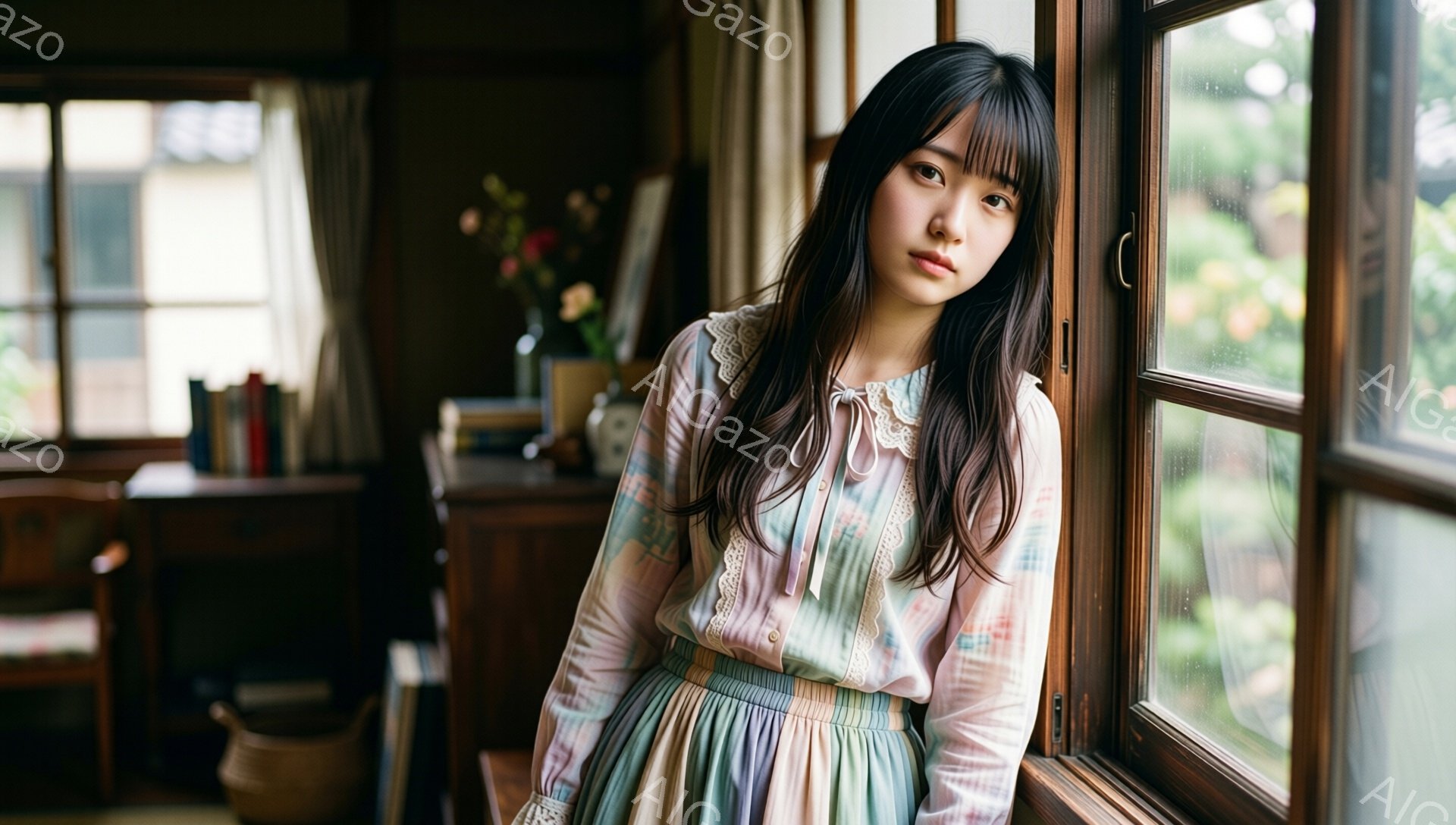 長い黒髪で、前髪は眉毛にかかるように切り揃えられた若い女性が描かれています。パステルカラーのレース襟とフリルが特徴のワンピースを着ており、窓枠にもたれて少し憂いを帯びた表情をしています。背景には木製の家具や花が飾られた棚があり、雨の日の窓越しには緑が見え、全体的にノスタルジックで穏やかな雰囲気が漂っています。