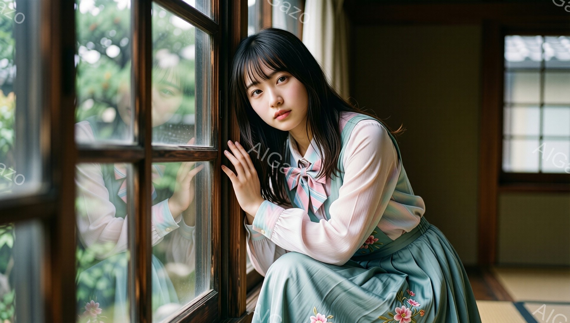 黒髪の女性が、ピンクと緑の刺繍が施された淡い緑色のワンピースを着て、木製の窓枠にもたれかかっている。彼女は少し憂いを帯びた表情で、窓の外を見つめている。背景には緑豊かな庭と、畳敷きの伝統的な日本の部屋の一部が見える。