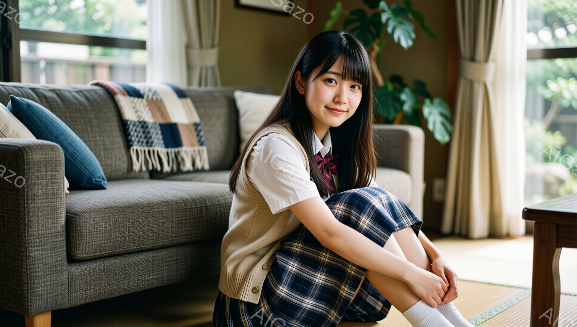 明るいリビングで、女子高生が床に座っている。白いシャツにベージュのベスト、チェック柄のスカート、白いソックスを履き、笑顔でこちらを見ている。背景には灰色のソファと窓から見える緑豊かな植物があり、暖かく穏やかな雰囲気だ。