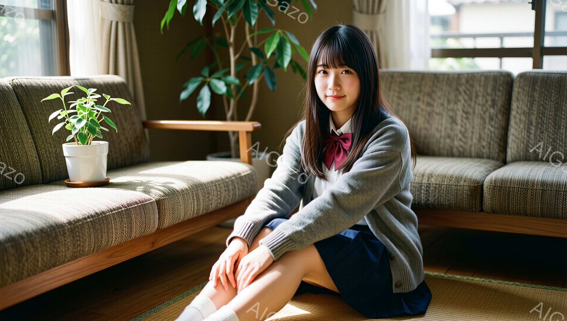 画像には、制服を着た若い女性が描かれています。彼女はグレーのカーディガン、白いシャツに赤いリボン、紺色のスカートを着用し、床に座って両膝を立てています。背景には、畳敷きの部屋と、植物が置かれた木製のソファが見え、全体的に暖かく穏やかな雰囲気が漂っています。