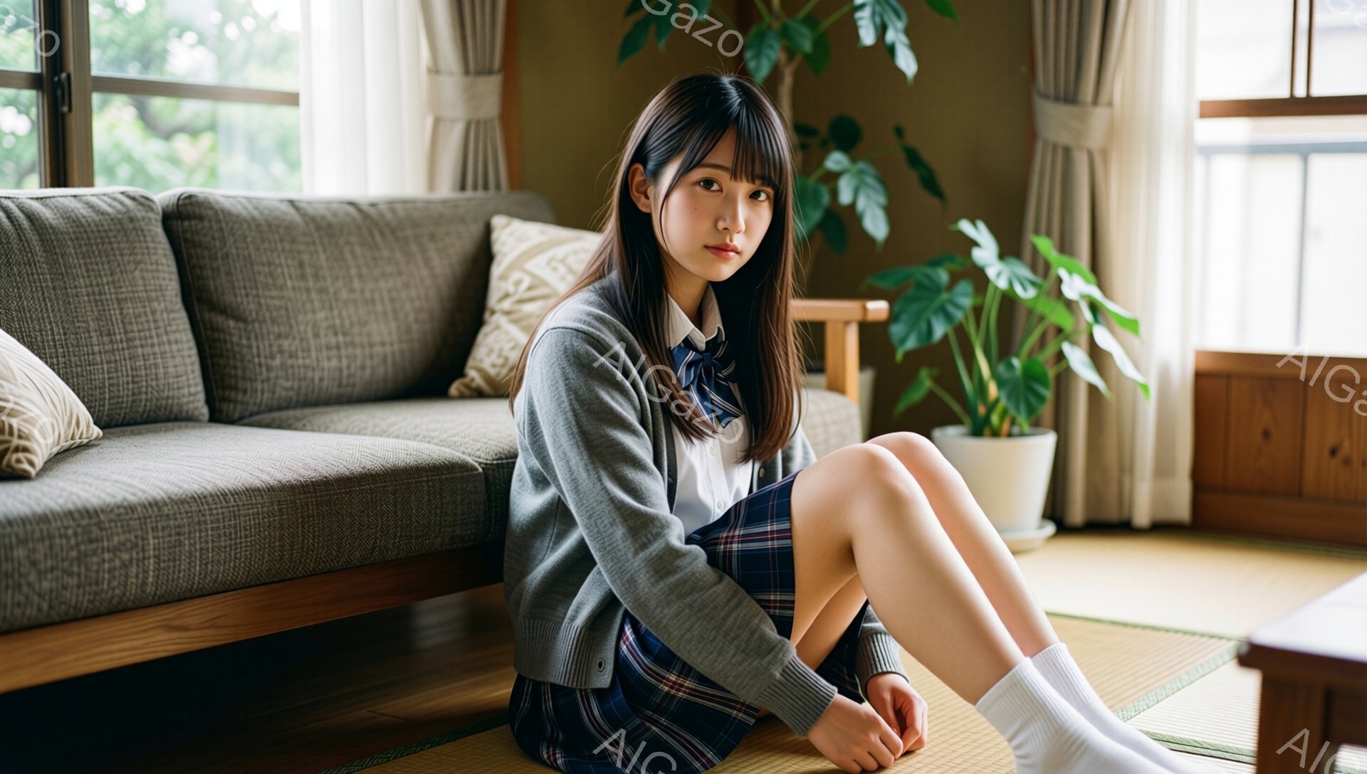 茶髪の女性が畳の上に座っており、制服を着ています。グレーのカーディガンに、白シャツとチェック柄のスカートを合わせています。彼女は少し憂いを帯びた表情で、膝を曲げて座り、素足に白い靴下を履いています。