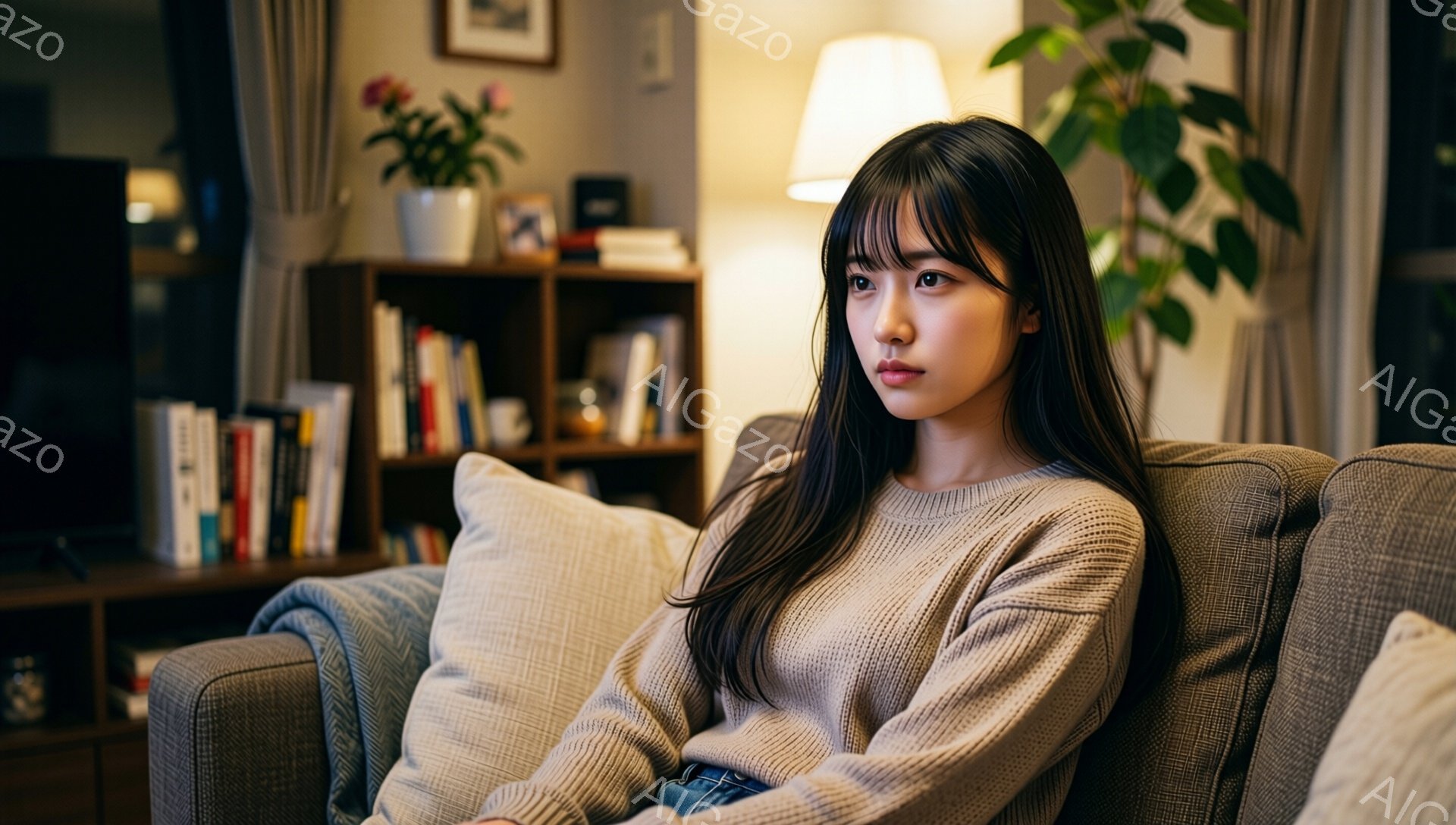 長い黒髪の女性が、ベージュ色のざっくりとしたセーターを着てソファに座っています。少し憂いを帯びた表情で、何かを考えているような視線を投げかけています。背後には本棚や植物が見え、リビングルームの穏やかな - AI生成フリー素材