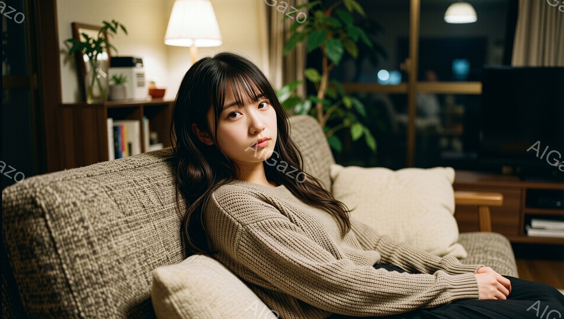 長い黒髪で前髪が目にかかる女性が、ベージュ色のざっくり編みのセーターを着てソファに座っています。彼女は少し憂いを帯びた表情で、リラックスした姿勢でソファの背もたれに寄りかかっています。背景には木製の棚と植物、そしてぼやけた都市の夜景が見え、全体的に落ち着いた暖かい雰囲気です。