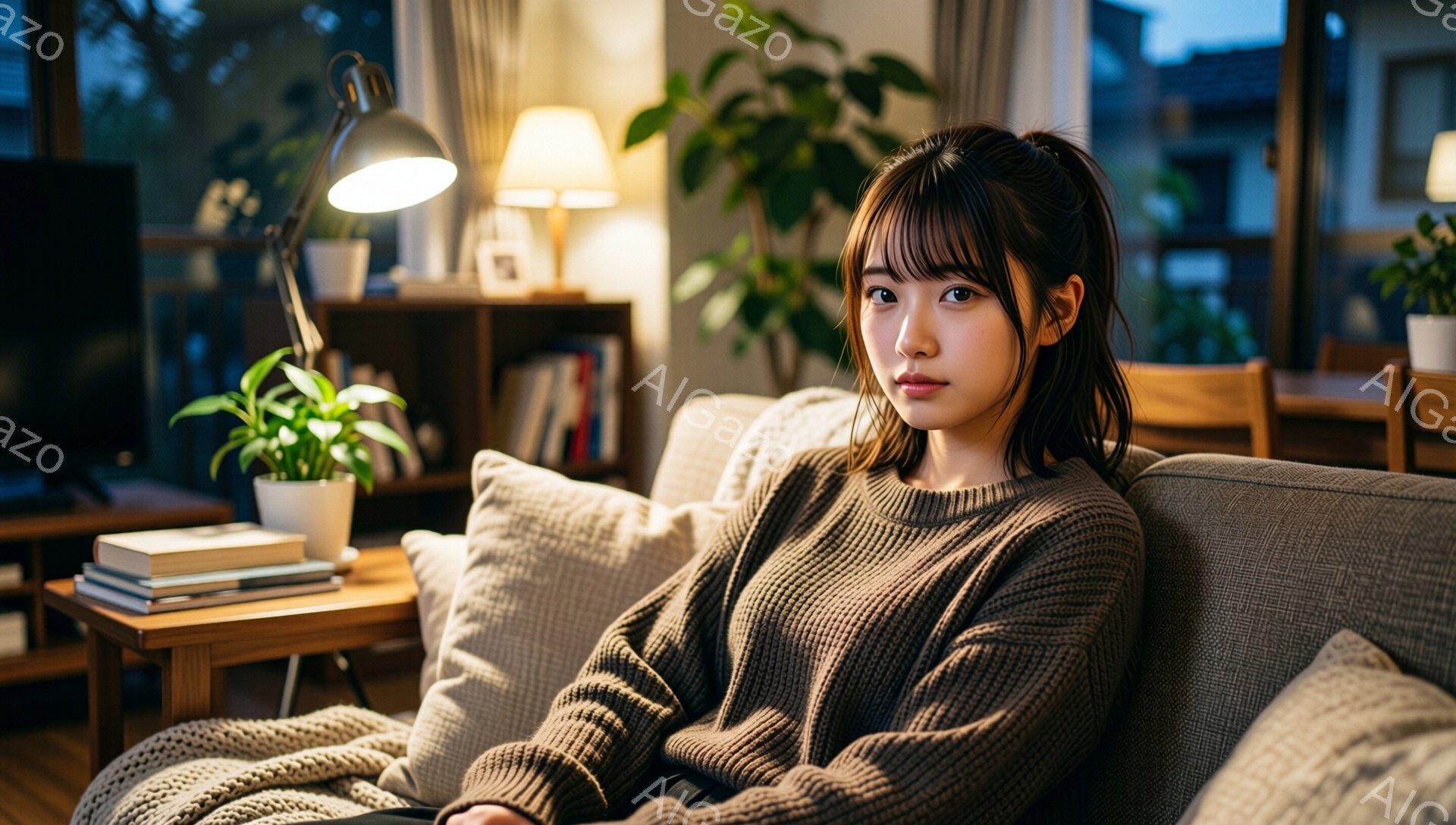 画像には、茶色のニットセーターを着た若い女性が、リビングルームのソファに座っています。彼女は前髪を下ろしたロングヘアで、少し憂いを含んだ表情をしています。背景には、木製の家具、観葉植物、そして薄暗い室内照明があり、落ち着いた雰囲気です。