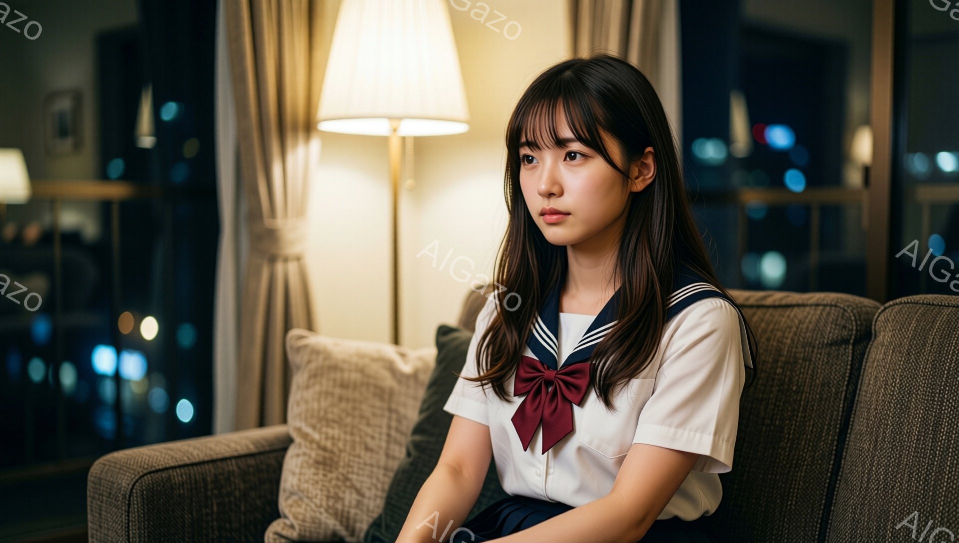 画像には、セーラー服を着た若い女性が、グレーのソファに座って少し物憂げな表情を浮かべています。彼女は肩までの長さの黒髪で、前髪が眉毛にかかっています。背景には、ぼやけた都市の夜景と、暖色系の光を放つスタンドライトが見え、室内は落ち着いた雰囲気に包まれています。
