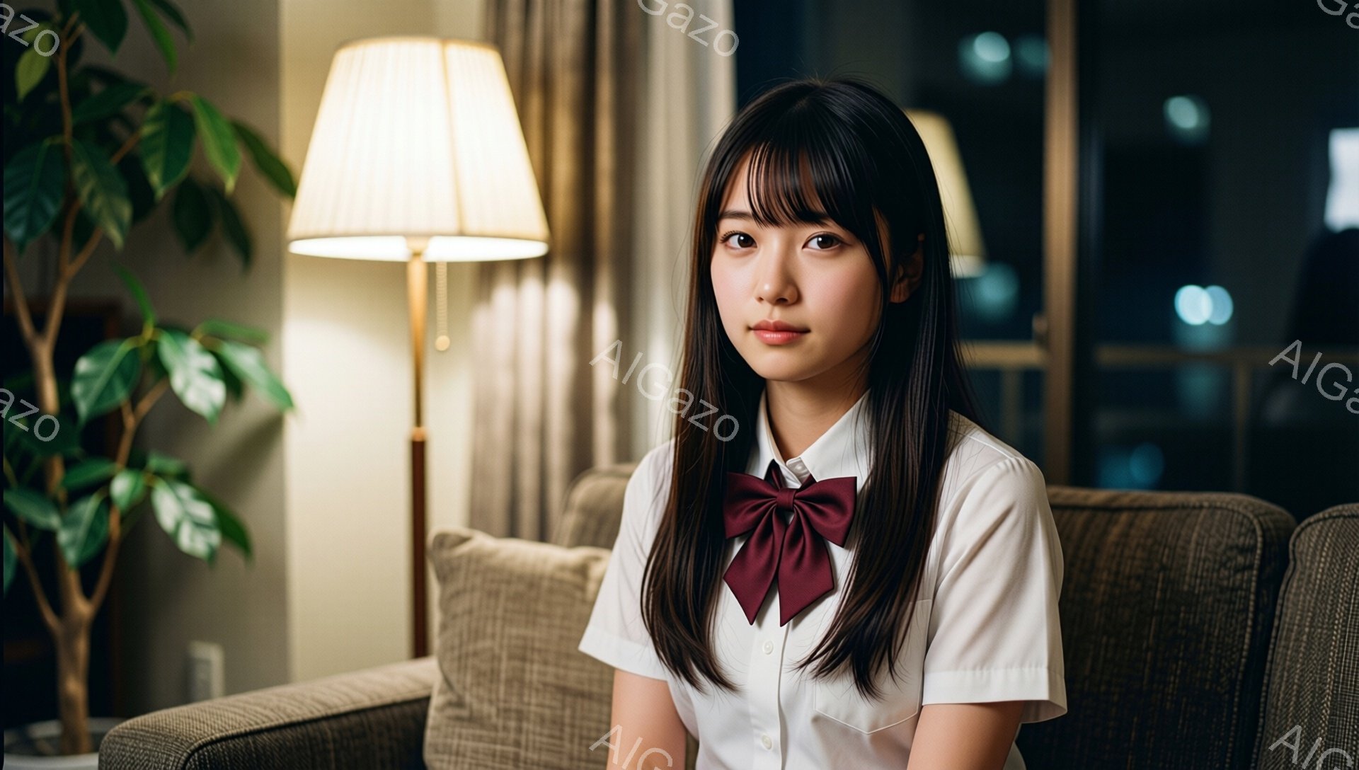 画像には、学校の制服を着た若い女性が写っています。彼女は黒髪で、前髪が目にかかるようなヘアスタイルで、赤いリボンが特徴的です。落ち着いた表情で、ソファに座ってこちらを見つめており、背景には背の高いフロアランプと、ぼやけた都市の夜景が見えます。