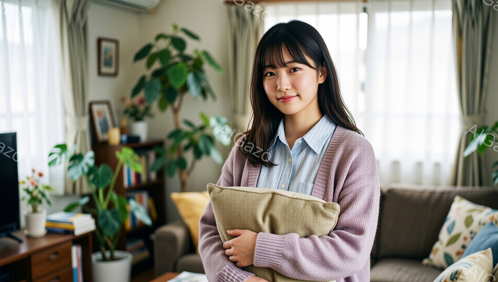 長い茶色の髪に前髪を合わせた若い女性が、薄紫色のカーディガンと水色のシャツを着て、抱き枕を抱えています。彼女は穏やかな笑顔で、リラックスした雰囲気です。背景には、植物、本棚、そして居心地の良いリビングルームの一部が見え、暖かく穏やかな家庭的な雰囲気を感じさせます。