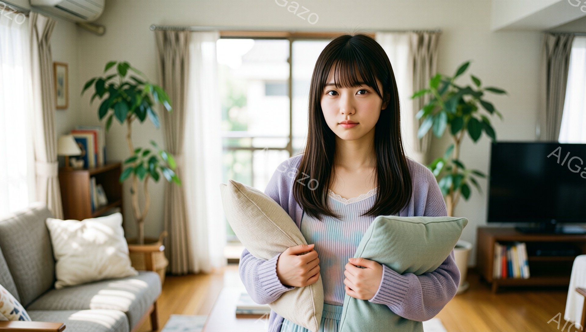 長い黒髪で前髪が眉毛にかかる女性が、薄紫色のセーターとレースの縁のある白いインナーを着て、薄緑色とベージュの枕を抱えています。彼女はリラックスした姿勢で、わずかに微笑んでいるように見え、背後には明るい - AI生成フリー素材