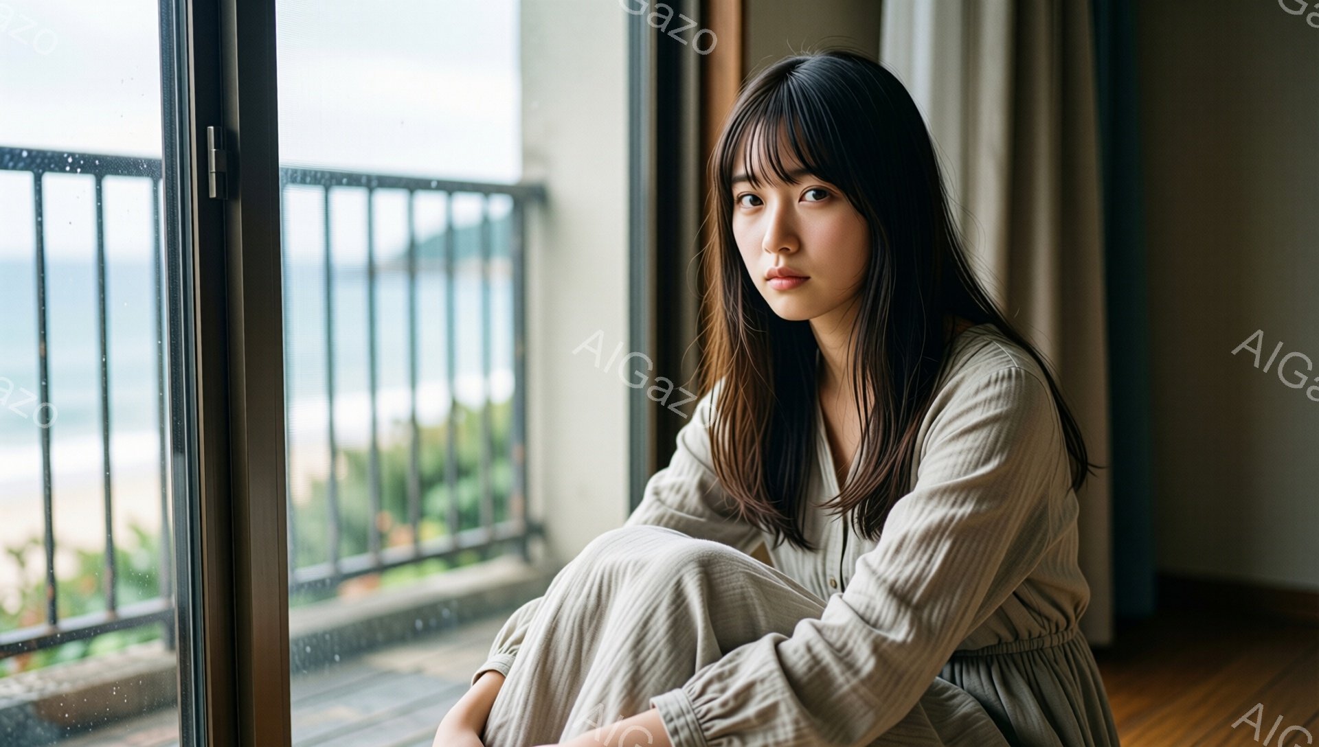 長い黒髪をセンターパートにした若い女性が、窓際に座って何かを考えている様子が描かれています。淡いベージュ色のシャツとスカートのような服を着ており、リラックスしたポーズで膝を抱えています。背景には曇り空 - AI生成フリー素材