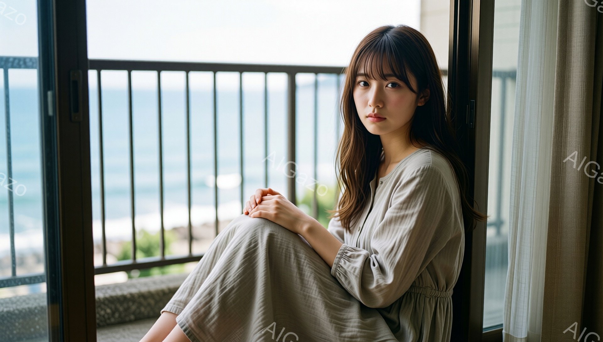 彼女はベージュ色のゆったりとしたワンピースを着て、足を組み、壁にもたれて座っています。長い茶色の髪は自然に肩にかかっています。背景には青い海と空が見え、窓の外のバルコニーから穏やかでリラックスした雰囲気が漂っています。