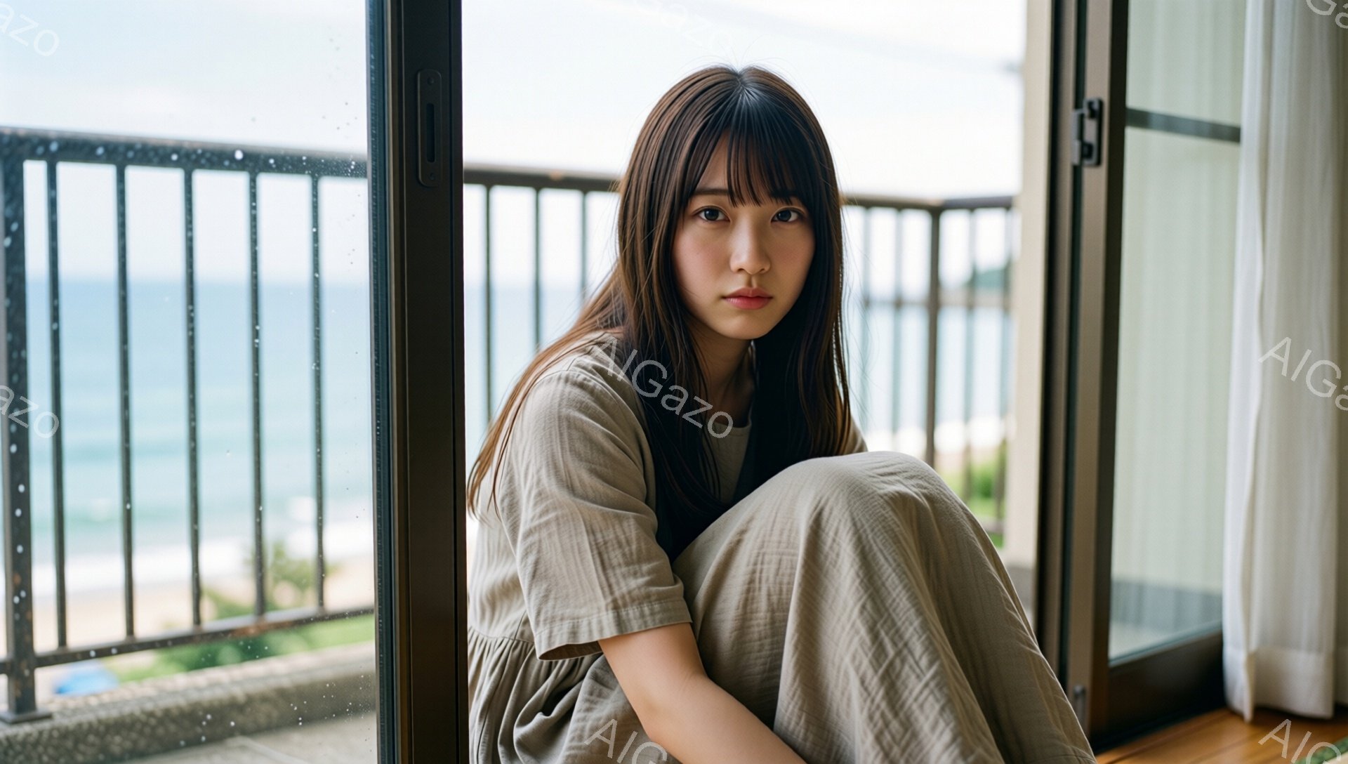 長い黒髪で、前髪が眉毛にかかる女性が、ベージュ色のゆったりとしたワンピースを着て床に座っています。彼女はカメラを見つめて少し憂いのある表情を浮かべており、背景には柵越しに見える海と白い砂浜が広がっています。全体的に、穏やかで少し寂しげな雰囲気が漂っています。