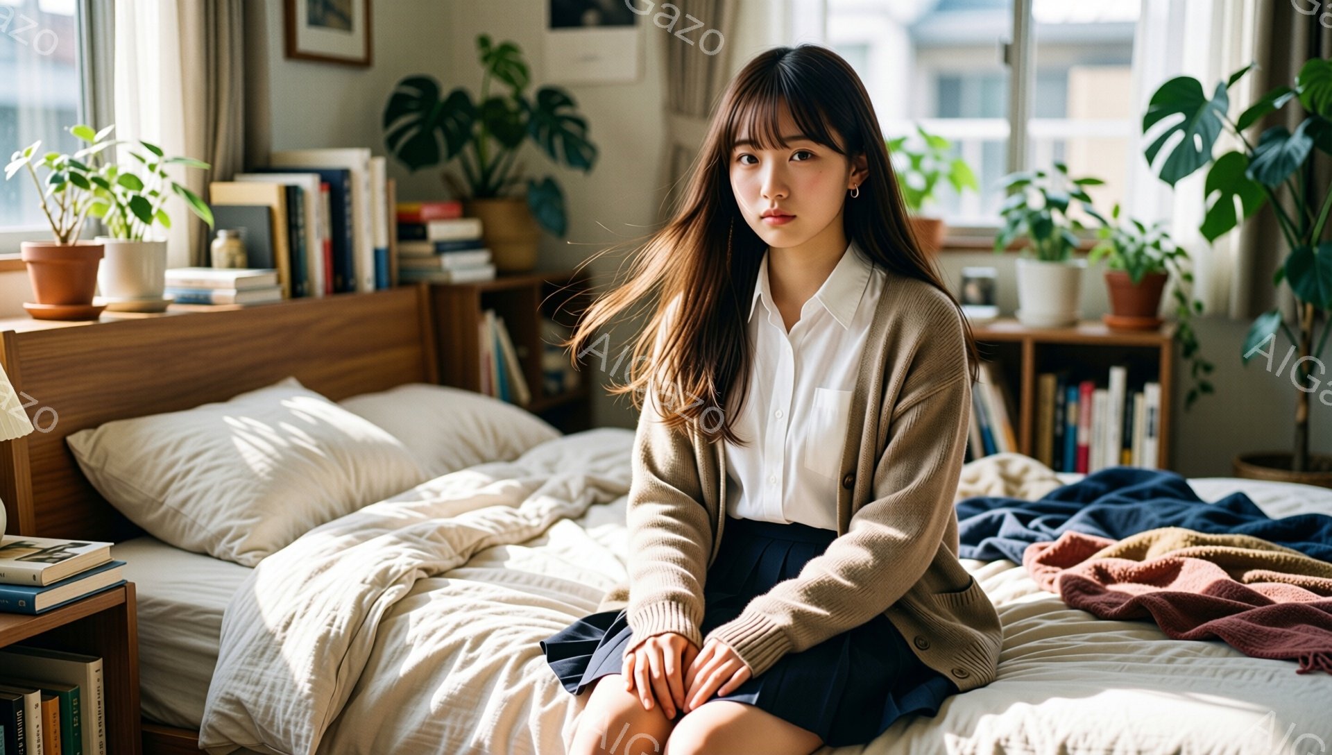 明るい室内で、茶色のカーディガンに白いシャツ、濃い青色のプリーツスカートを着用した若い女性がベッドに座っています。彼女は肩までの長さの茶髪で、前髪は目にかかるようにカットされ、落ち着いた表情でカメラを見つめています。背景にはたくさんの植物、本、そして窓の外には建物が見え、穏やかでリラックスした雰囲気が漂っています。