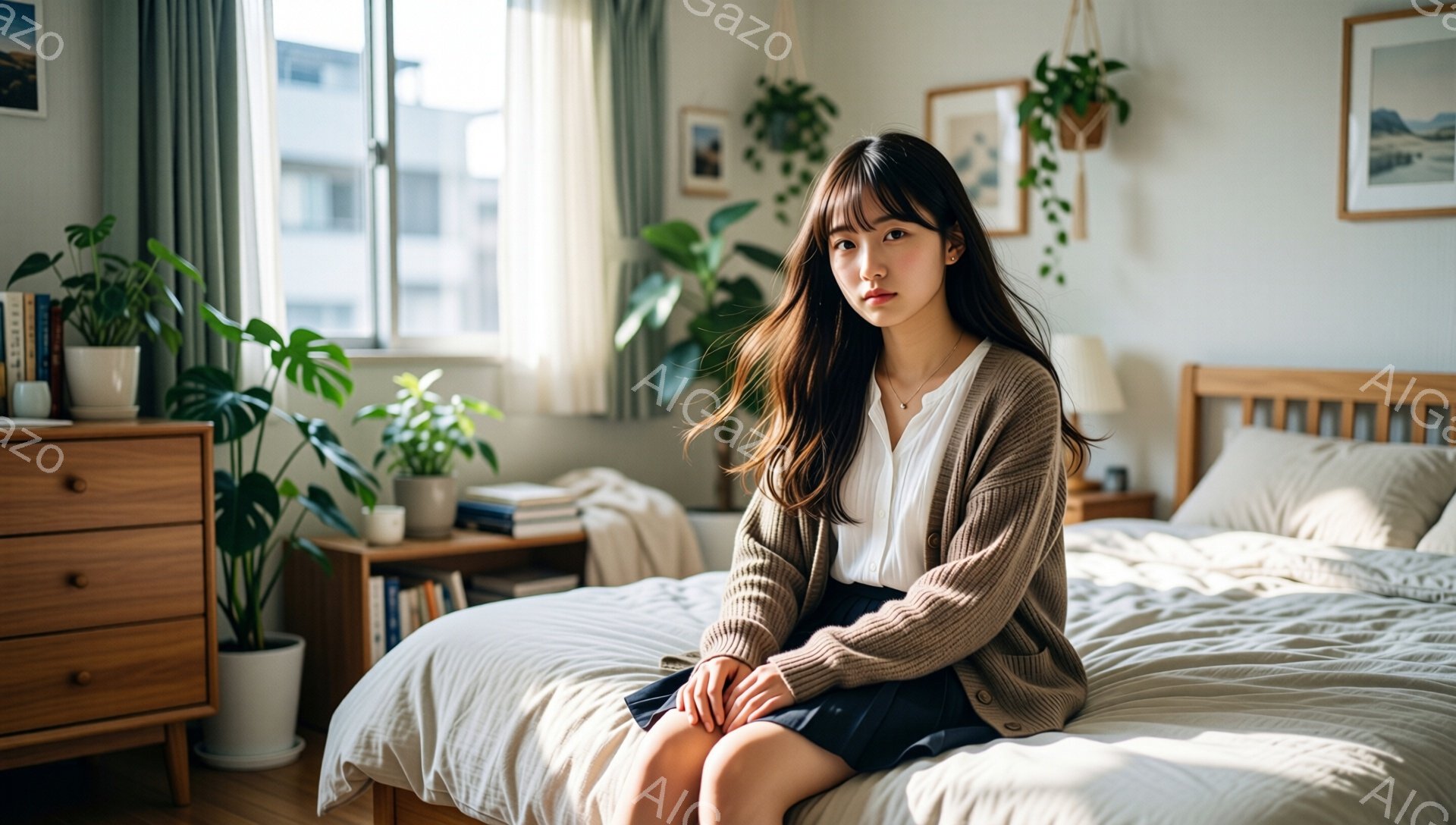 室内で若い女性がベッドに座っており、ベージュのカーディガンと白いシャツ、濃い色のスカートを着用しています。彼女は肩までの長さの茶色の髪で、少し憂いのある表情をしています。背景には木製の家具や観葉植物が置かれ、窓からは穏やかな光が差し込み、リラックスした温かい雰囲気を醸し出しています。