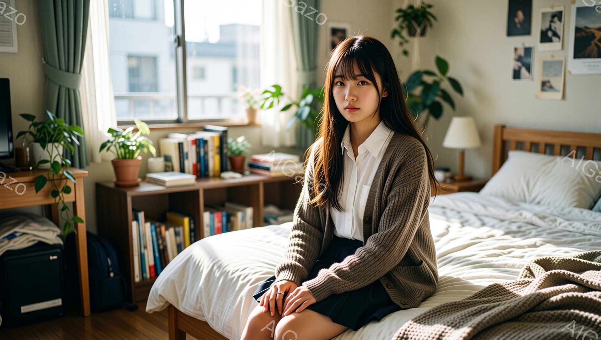 長い茶色の髪を耳にかける女性が、ベッドに座ってこちらを見ている。白いシャツにベージュのカーディガン、紺色のスカートを身につけ、少し憂いを帯びた表情をしている。背景には本棚と植物、そして窓から差し込む光があり、落ち着いた雰囲気の部屋である。