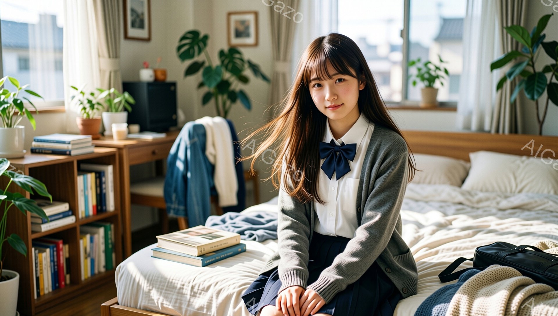 明るい室内で、セーラー服を着た若い女性がベッドに座っています。彼女は長い茶色の髪をサイドパートにし、少し微笑んでいます。背景には本棚、観葉植物、そして窓から見える都市の風景があり、全体的に温かく、穏や - AI生成フリー素材