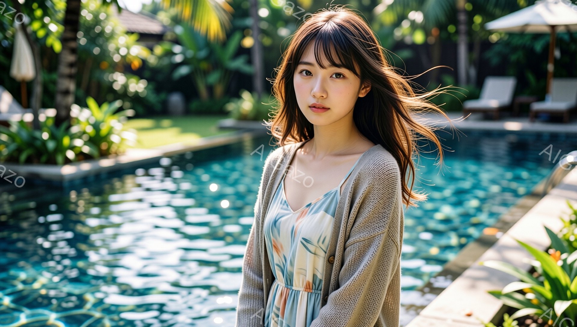長い髪を風になびかせた若い女性が写っている。花柄のワンピースの上にベージュのカーディガンを着ており、少し微笑んだ表情でカメラを見つめている。背景には青いプールの水面と緑豊かな植物、そして遠くに見えるパラソルと椅子が写っており、穏やかでリゾートのような雰囲気が漂っている。