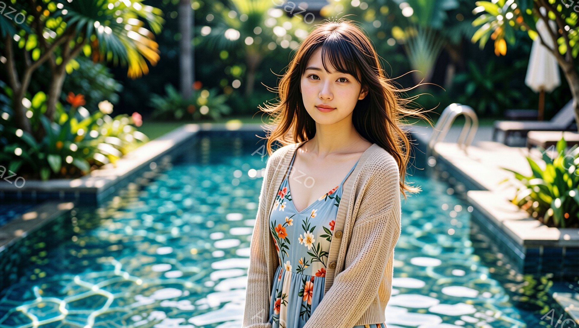 長い茶色の髪に前髪が流れる女性が、花柄のワンピースにベージュのカーディガンを着ています。穏やかな表情でカメラを見つめ、リラックスした姿勢で立っています。背景には青く輝くプールと緑豊かな植物が見え、晴れ - AI生成フリー素材