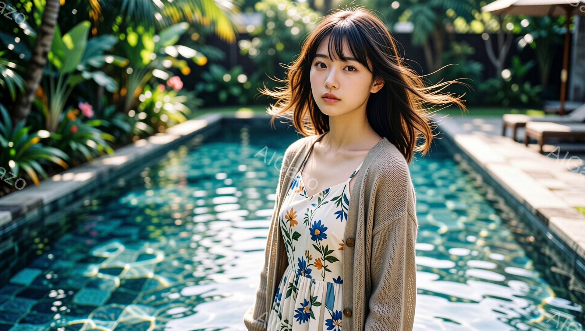 長いダークブラウンの髪を持つ若い女性が、花柄のワンピースの上にベージュのカーディガンを着ています。彼女はわずかに微笑んでおり、落ち着いた表情でカメラを見つめています。背景には、ターコイズブルーの水が輝くプールと緑豊かな植物があり、晴れた日のリゾート地のような穏やかな雰囲気が漂っています。