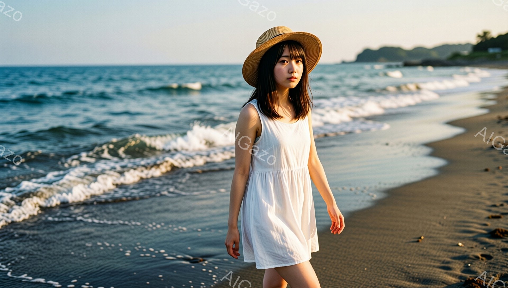 白いワンピースを着た女性が、麦わら帽子を被り、黒い砂浜を歩いている。彼女は少し微笑んでおり、視線はカメラの方を向いている。背景には青い海と穏やかな波が広がり、遠くには緑の丘が見える、穏やかで暖かい雰囲気の写真だ。