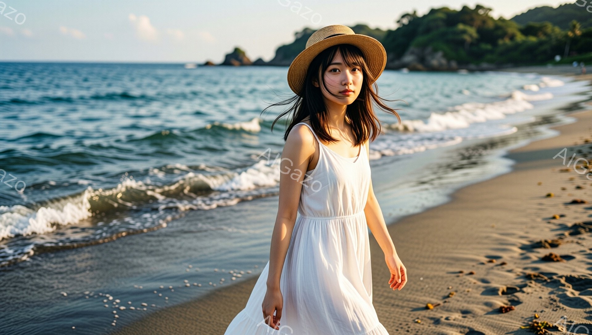 麦わら帽子をかぶった女性が、白いノースリーブのワンピースを着て砂浜を歩いている。彼女は少し微笑んでおり、表情は穏やかでリラックスしている。背景には青い海と緑豊かな山々が広がり、波が打ち寄せている穏やかな海岸の雰囲気が感じられる。