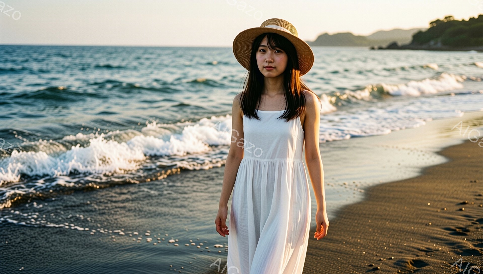 麦わら帽子を被った女性が、白いワンピースを着て砂浜を歩いている。彼女は長い黒髪で、表情は穏やかでわずかに微笑んでいるように見える。背景には青い海と波が広がり、夕暮れ時の柔らかい光が全体を包み込み、静かで穏やかな雰囲気を醸し出している。